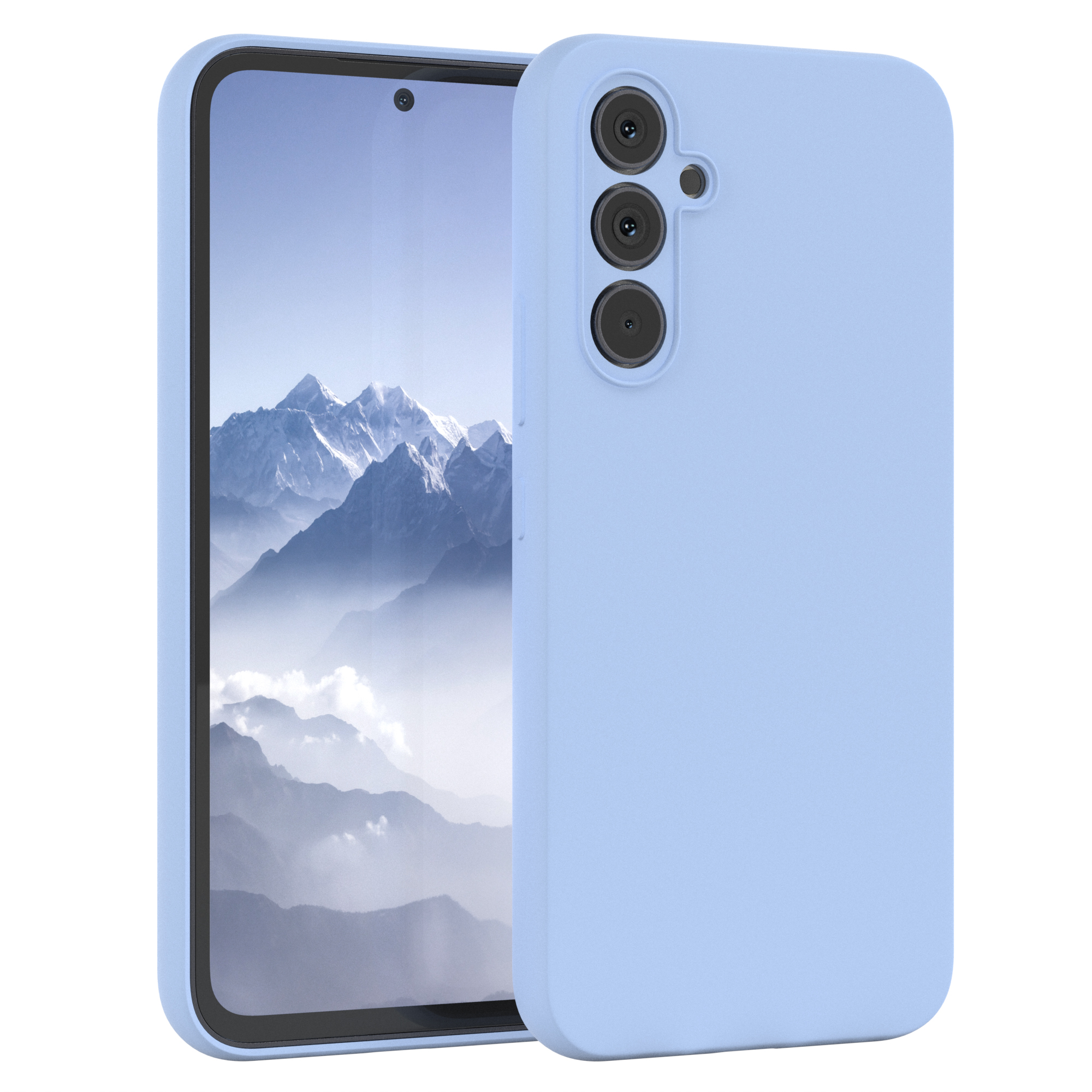 Eine hellblaue Handyhülle mit einem Telefon darin, das eine Berglandschaft zeigt.
