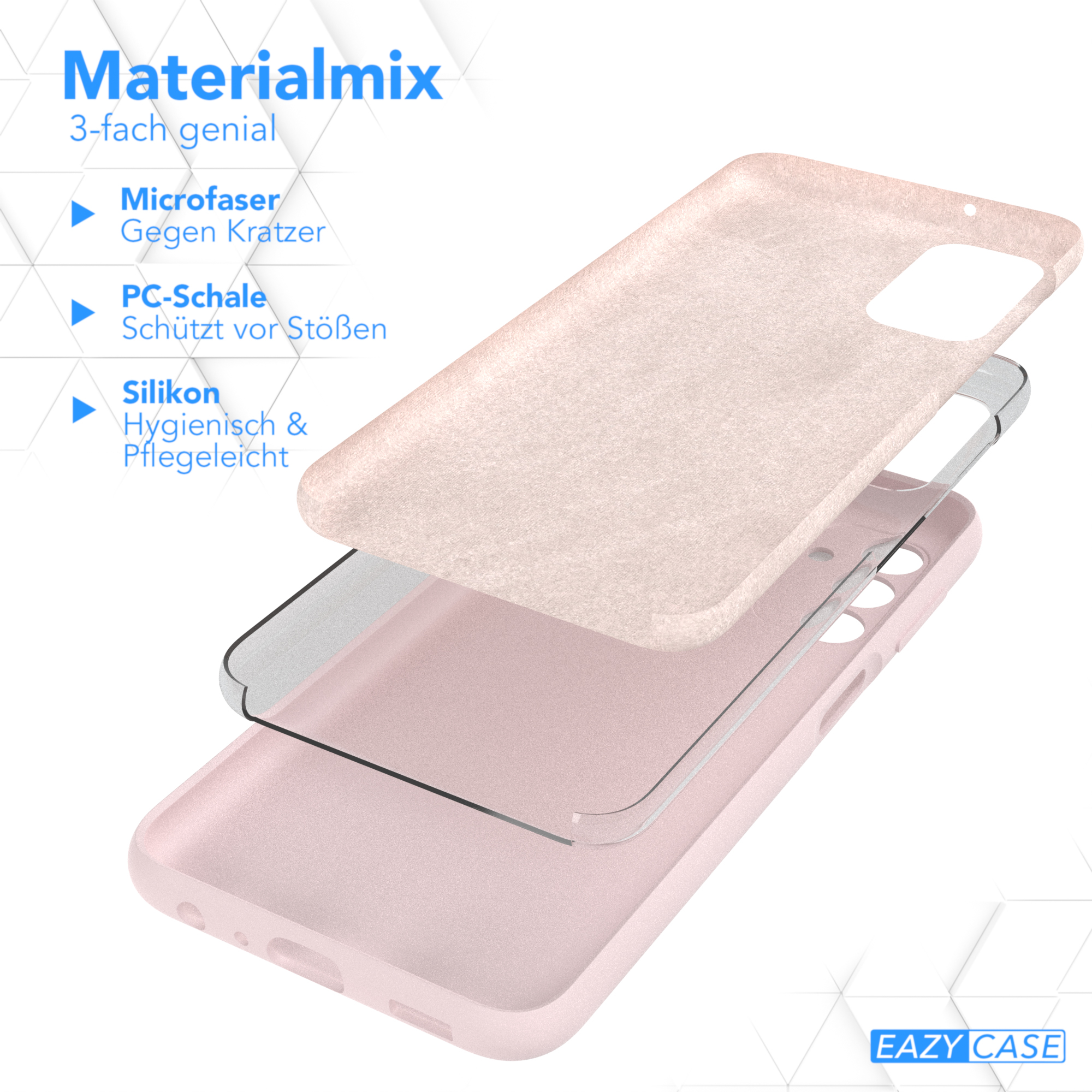 Ein mehrschichtiges Handy-Case mit Mikrofaserschicht, PC-Schale und Silikonschicht, Text.