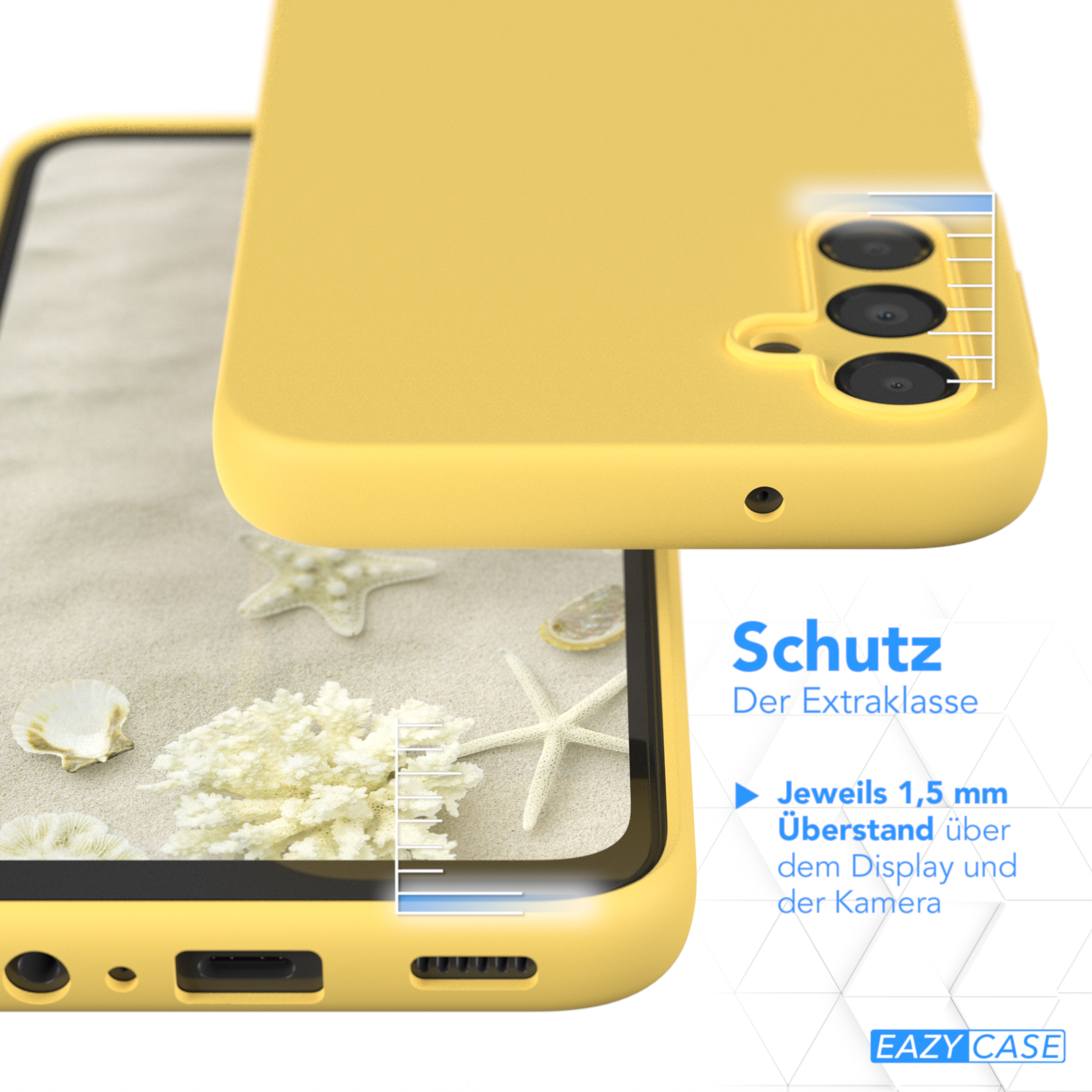 Gelbe Handyhülle mit Telefon, zeigt Display- und Kameradetails.