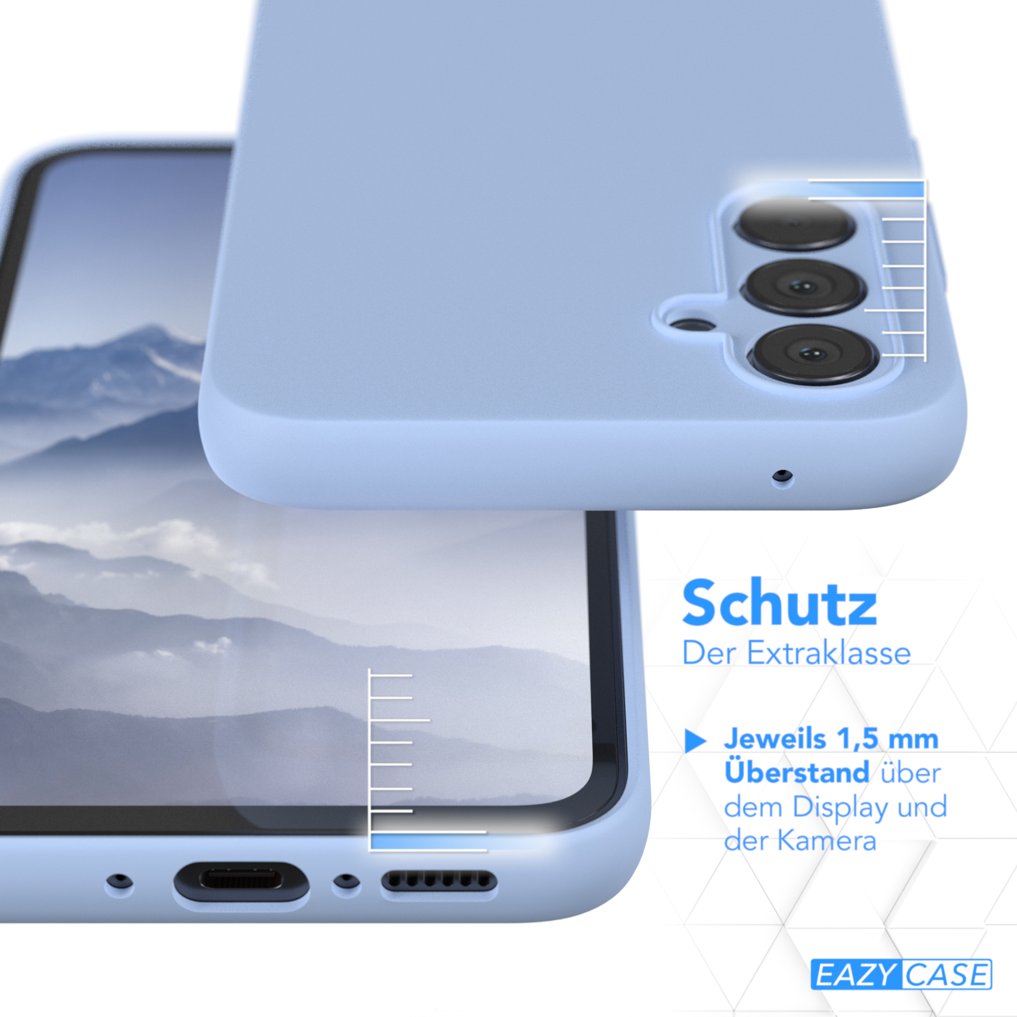 Eine hellblaue Handyhülle mit einem Telefon darin. Das Design der Hülle.
