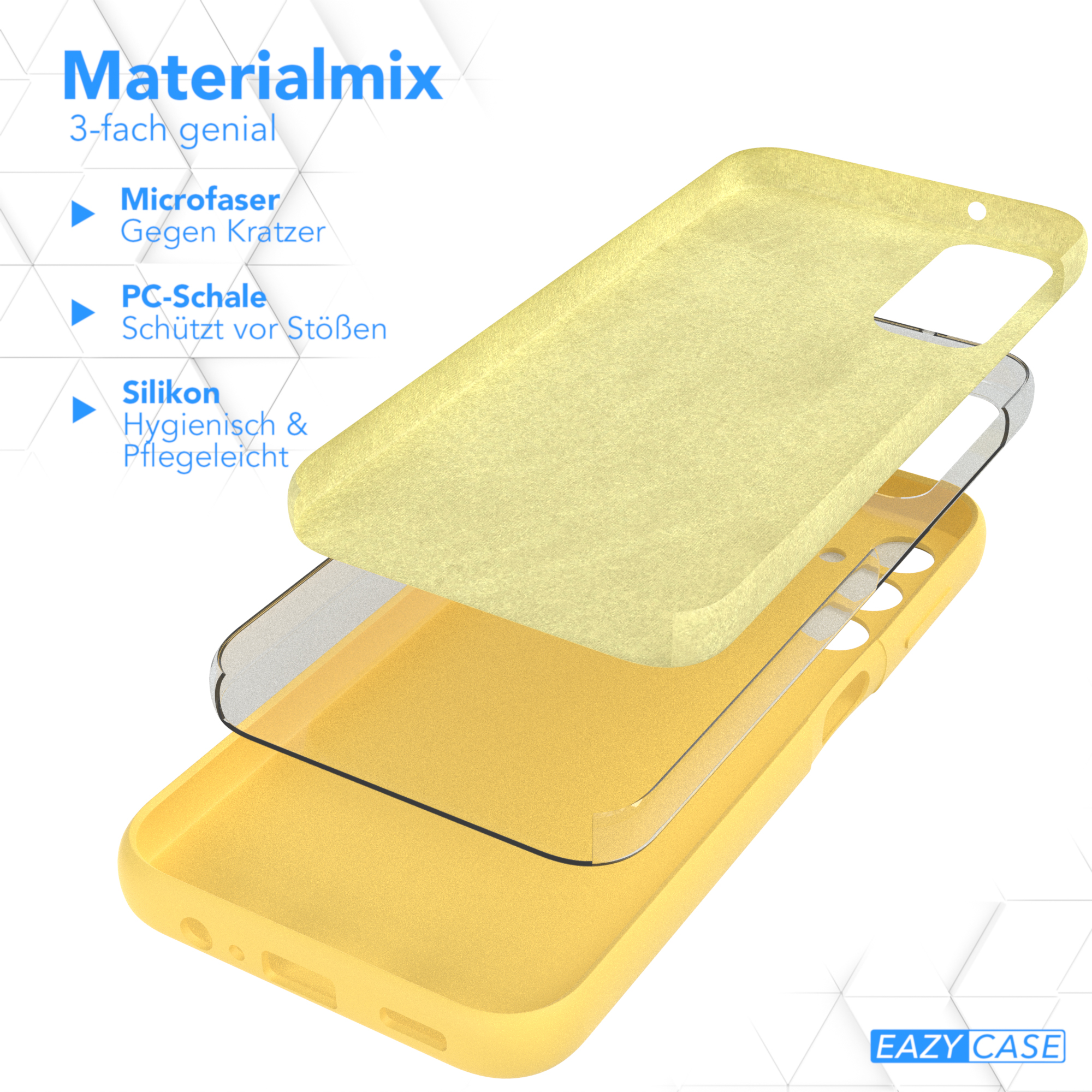 Handyhülle mit Schichten, gelbe Außenseite, transparente und gelbe Innenschichten.