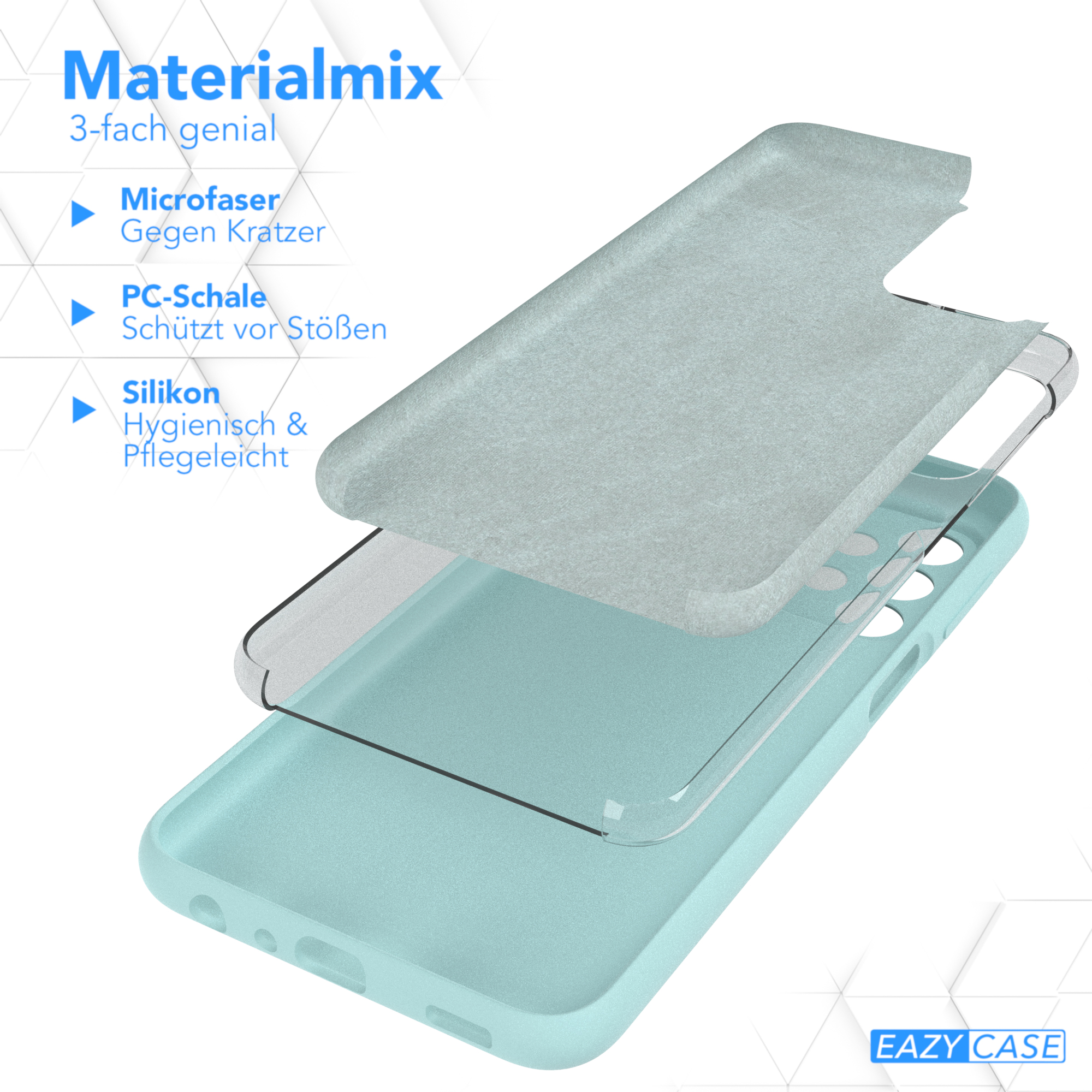 Blaue Smartphone-Hüllen-Schichten: Mikrofaser, PC-Schale, Silikon.