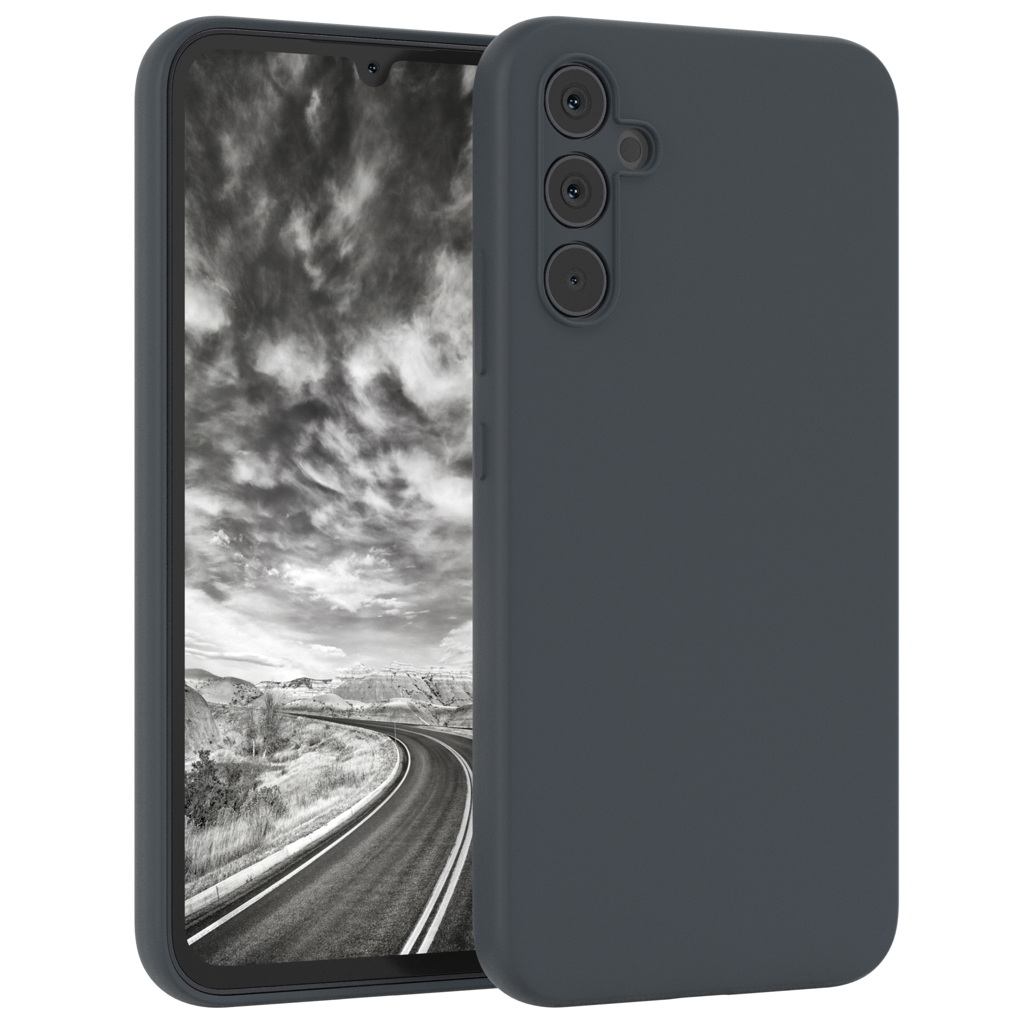 Eine dunkelgraue Handyhülle auf einem Telefon, zeigt eine Landschaft mit Straße.
