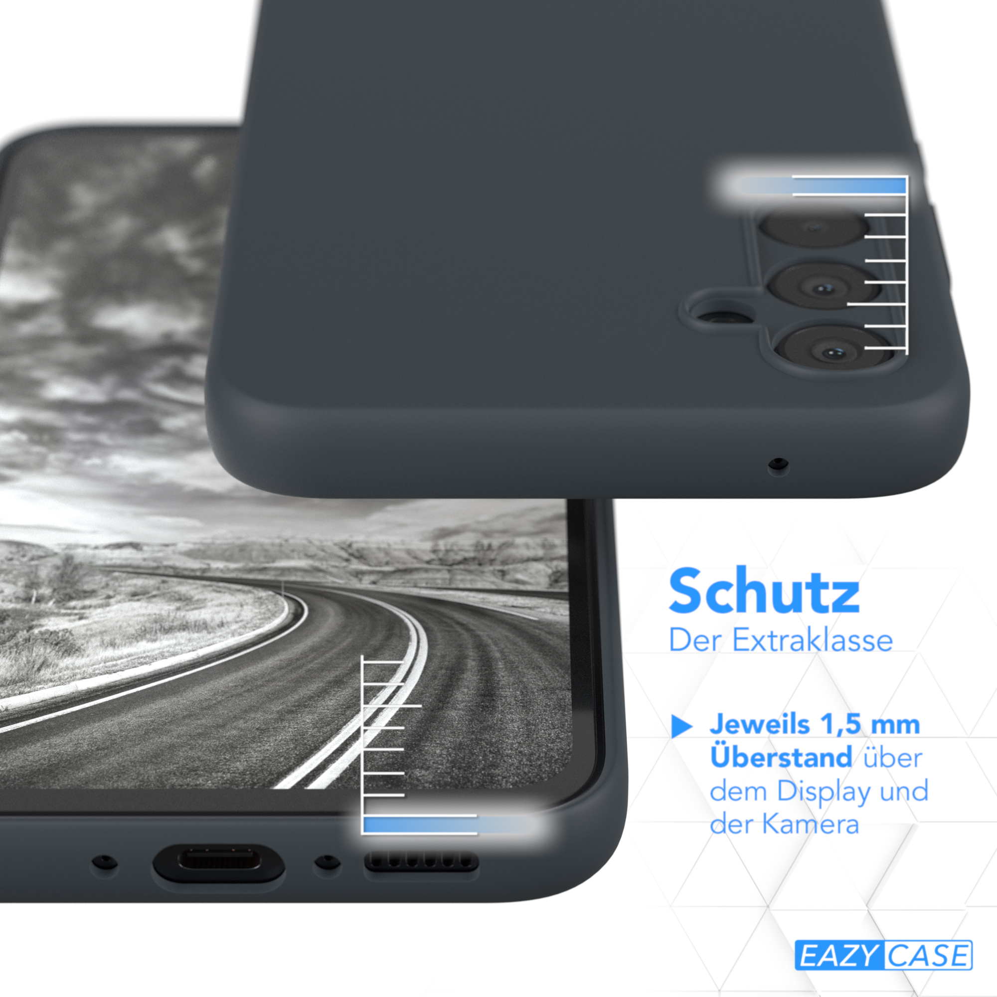 Nahaufnahme einer Handyhülle, mit teilweise eingelegtem Handy. Die Hülle ist dunkelgrau. Weiße Messmarkierungen.