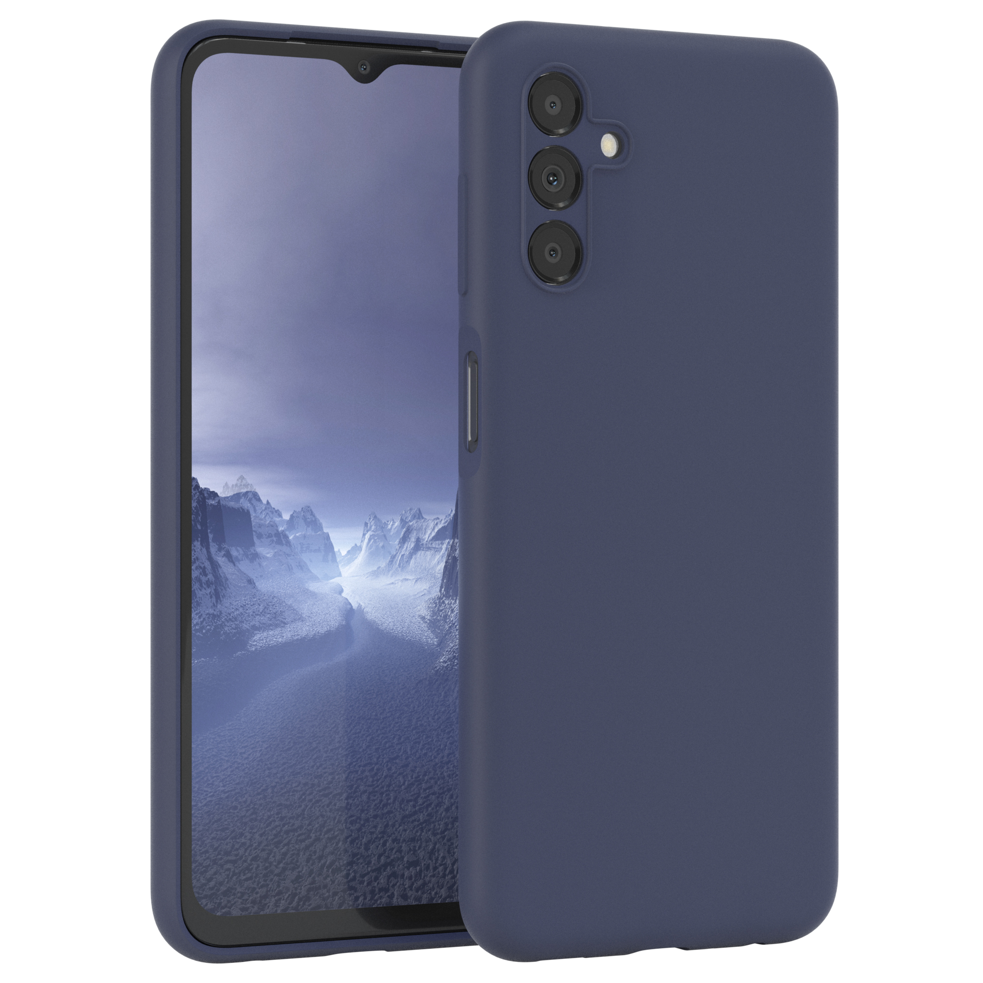 Ein blaues Telefon mit einer blauen Hülle. Das Telefon ist in der Hülle. Die Hülle hat Kameraausschnitte.