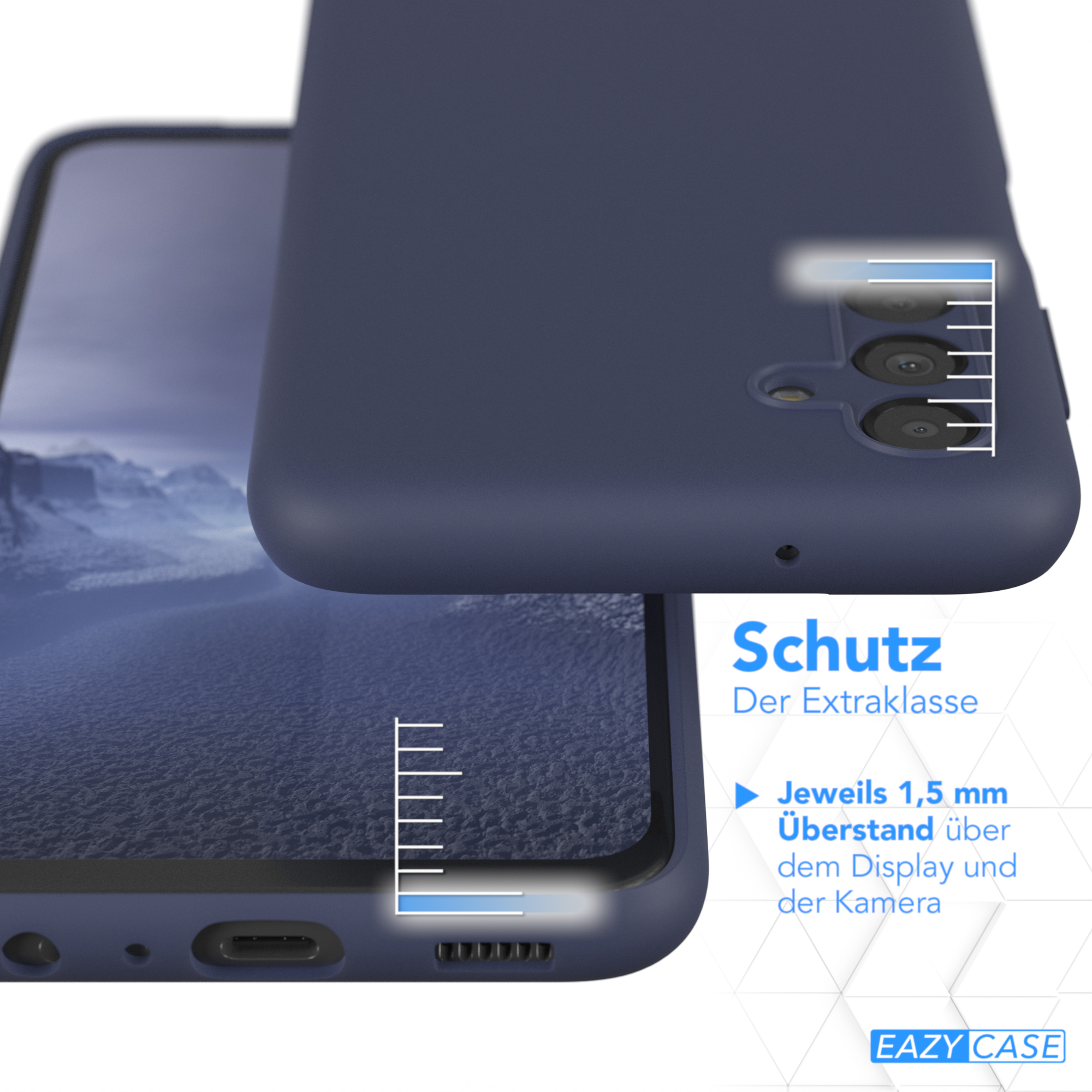 Dunkelblaue Handyhülle, mit dem Handy. Die Handyhülle liegt über dem Handy.