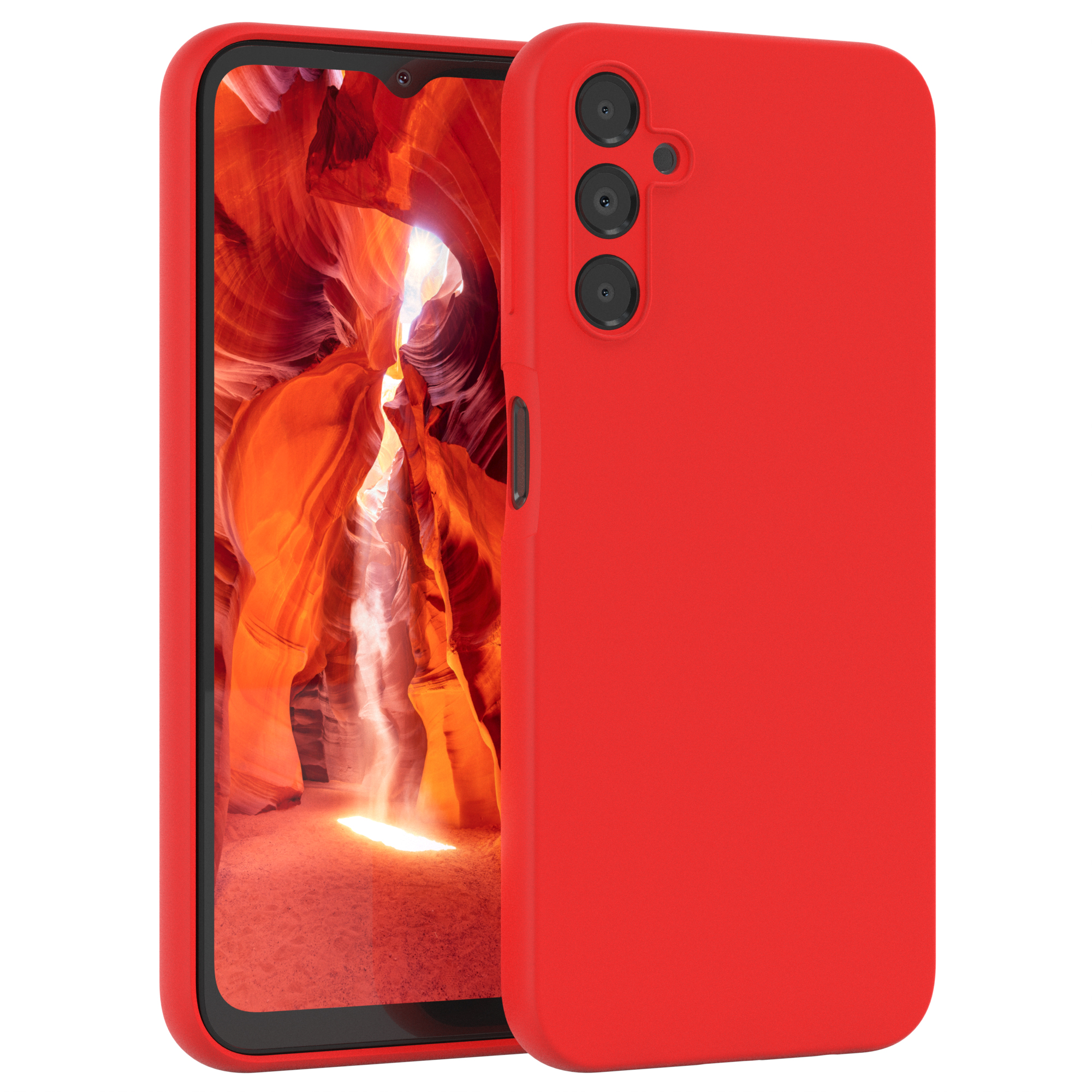 Ein rotes Telefon in einer roten Hülle, mit einem Canyon-Bild auf dem Bildschirm.
