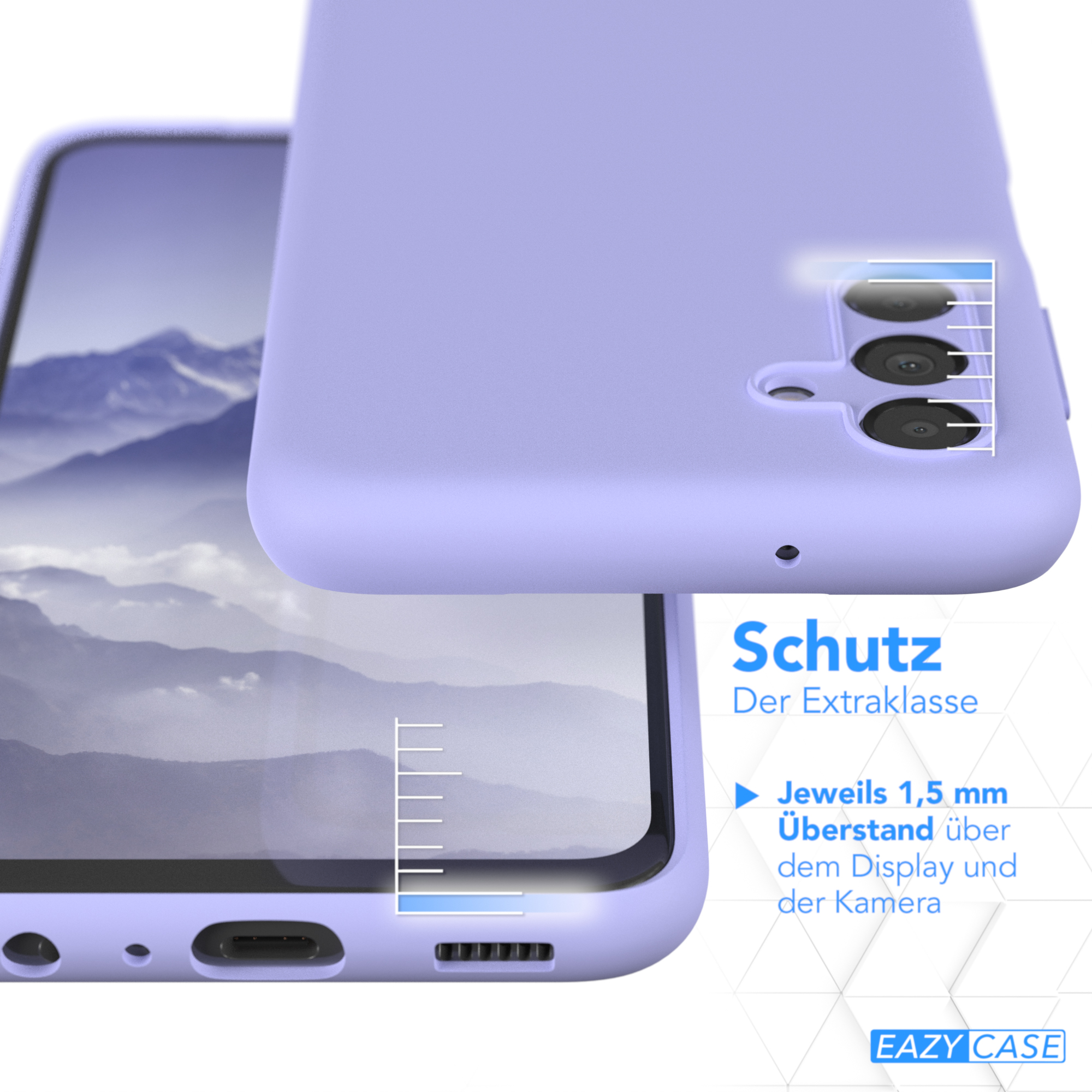 Lavendelfarbene Handyhülle mit Telefon, Text zeigt Schutz. Die Hülle hat 1,5 mm erhöhte Kanten.