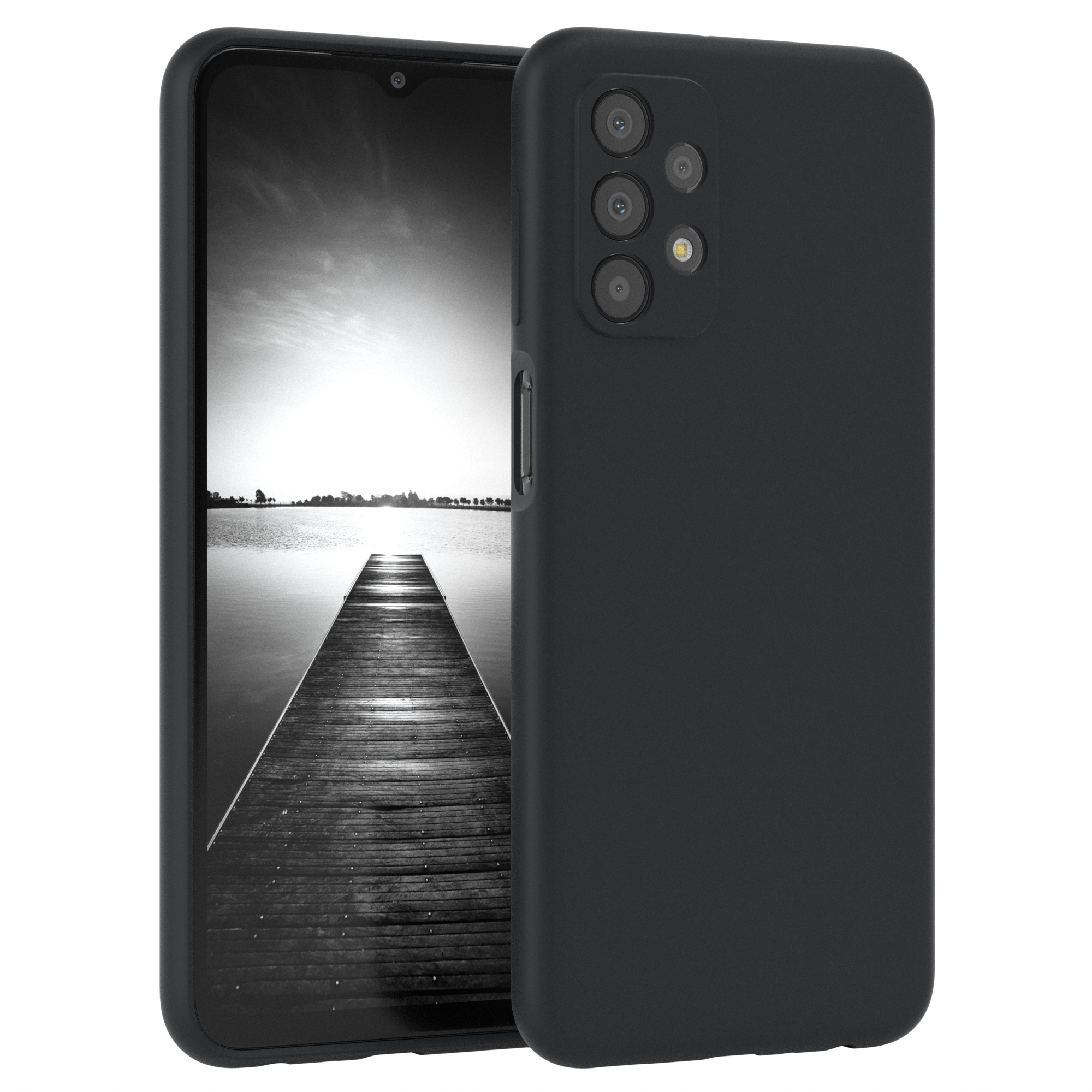 Schwarze Handyhülle mit Telefon. Der Bildschirm zeigt ein Graustufenbild von einem Pier und Wasser.