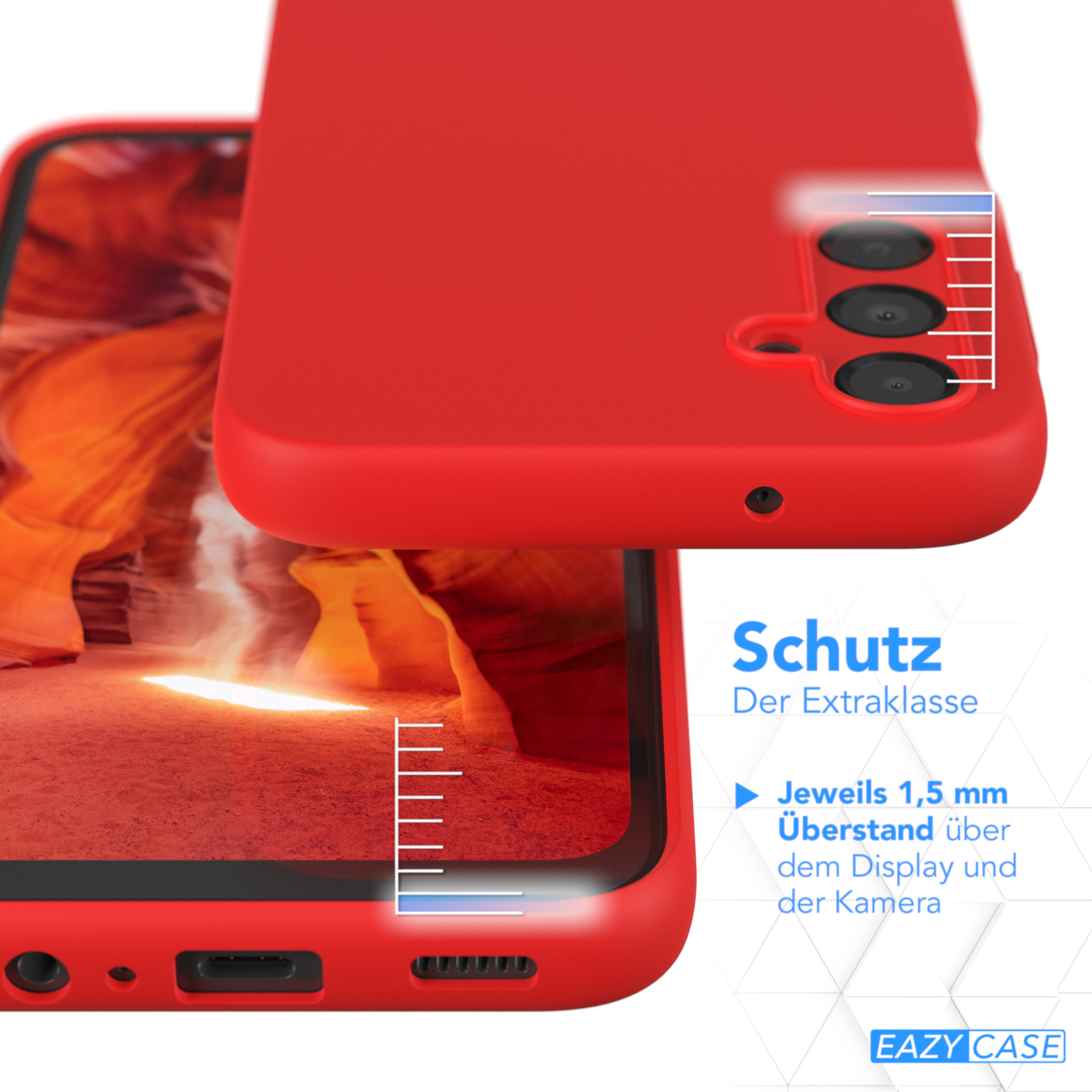Rote Handyhülle auf schwarzem Telefon mit Kameraaussparungen. Schutzhülle Detail. Der Hintergrund ist verschwommen.