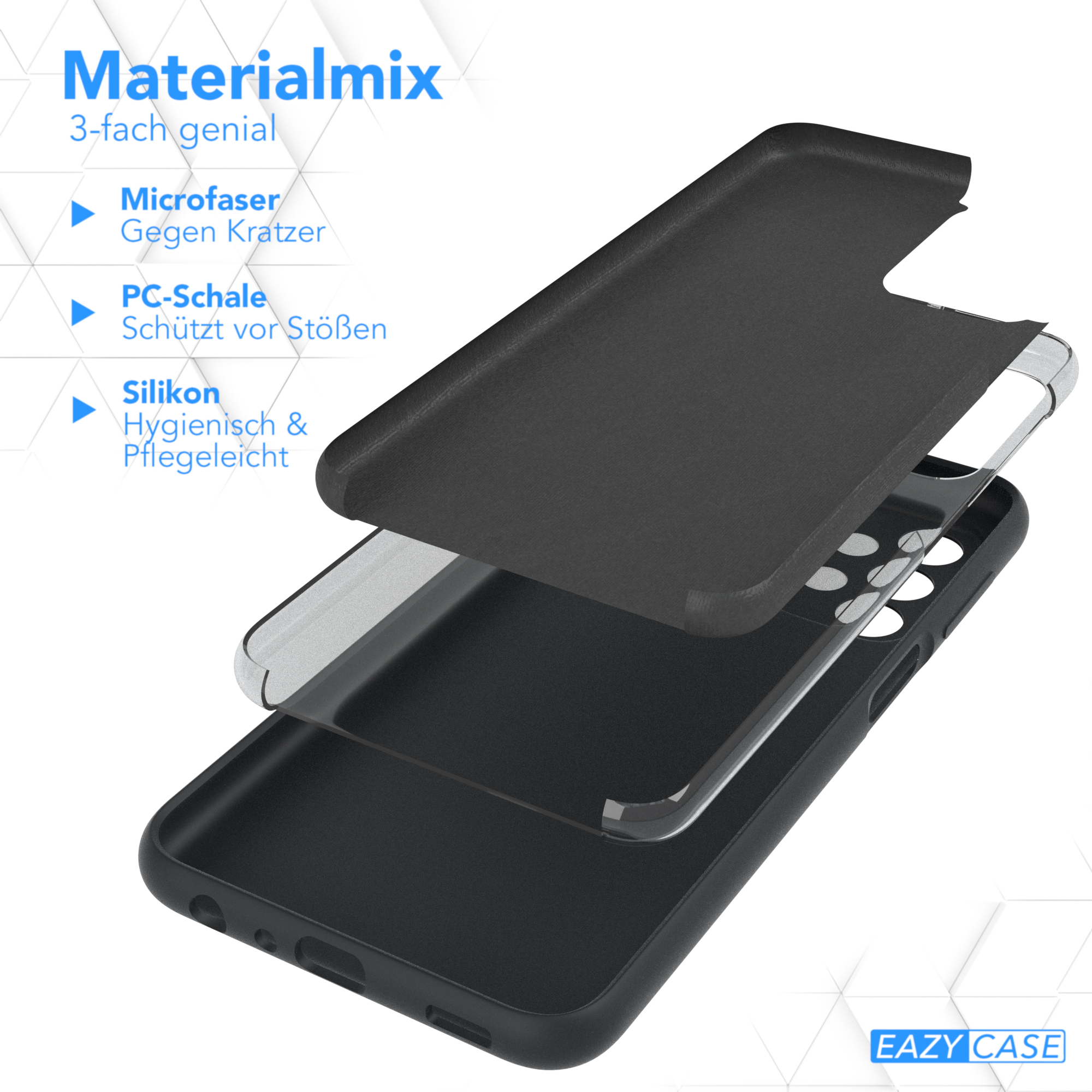 Schwarze Handyhüllen-Schichten: Mikrofaser, PC-Schale und Silikon.