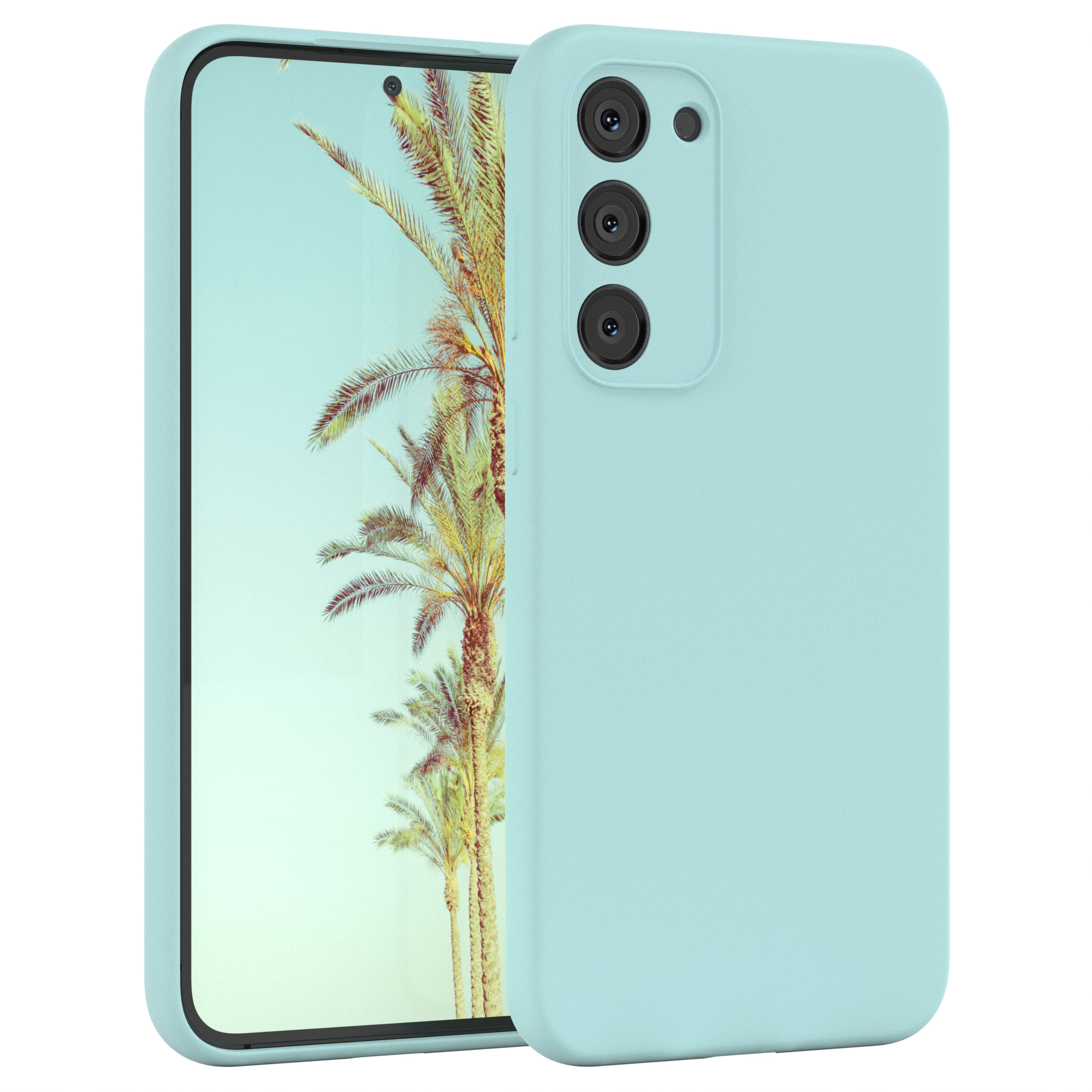 Ein Telefon in einer hellblauen Hülle. Es gibt einen Bildschirm mit Palmen.