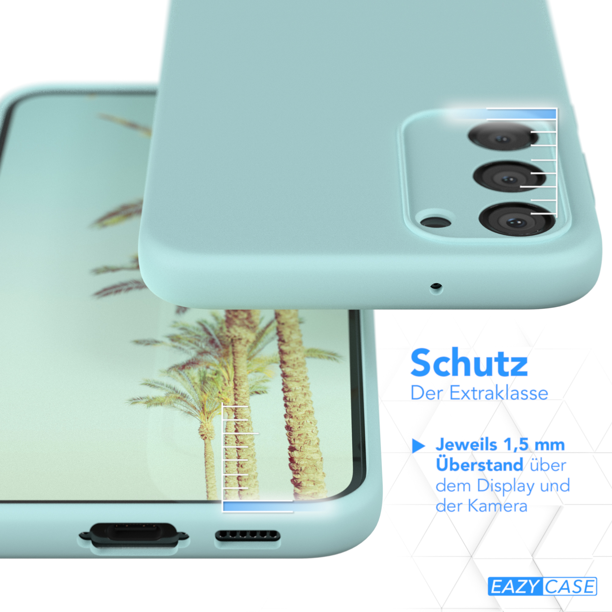 Eine hellblaue Handyhülle und ein Telefon. Zeigt Details des Kameramoduls des Telefons.