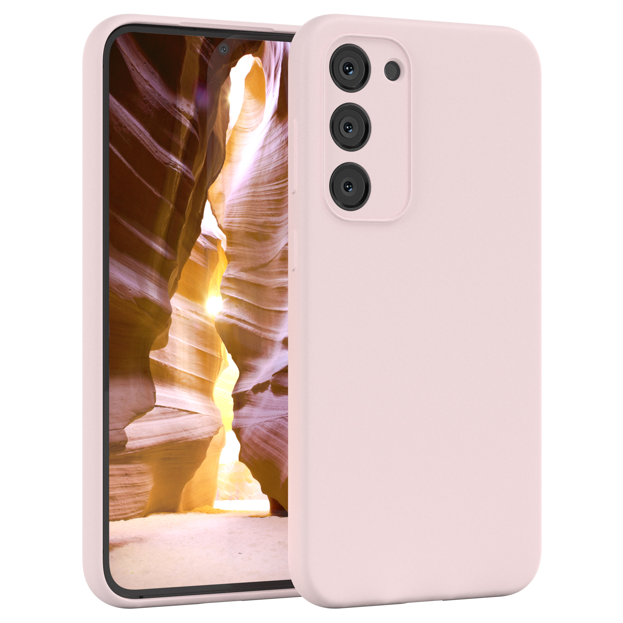 Rosa Handyhülle mit einem Telefon darin, das ein Bild eines Canyons zeigt.