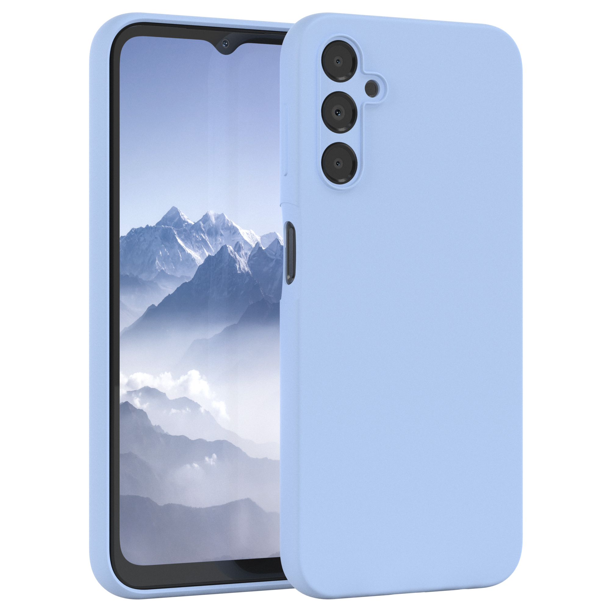 Eine hellblaue Handyhülle und ein Telefon darin, auf weißem Hintergrund.