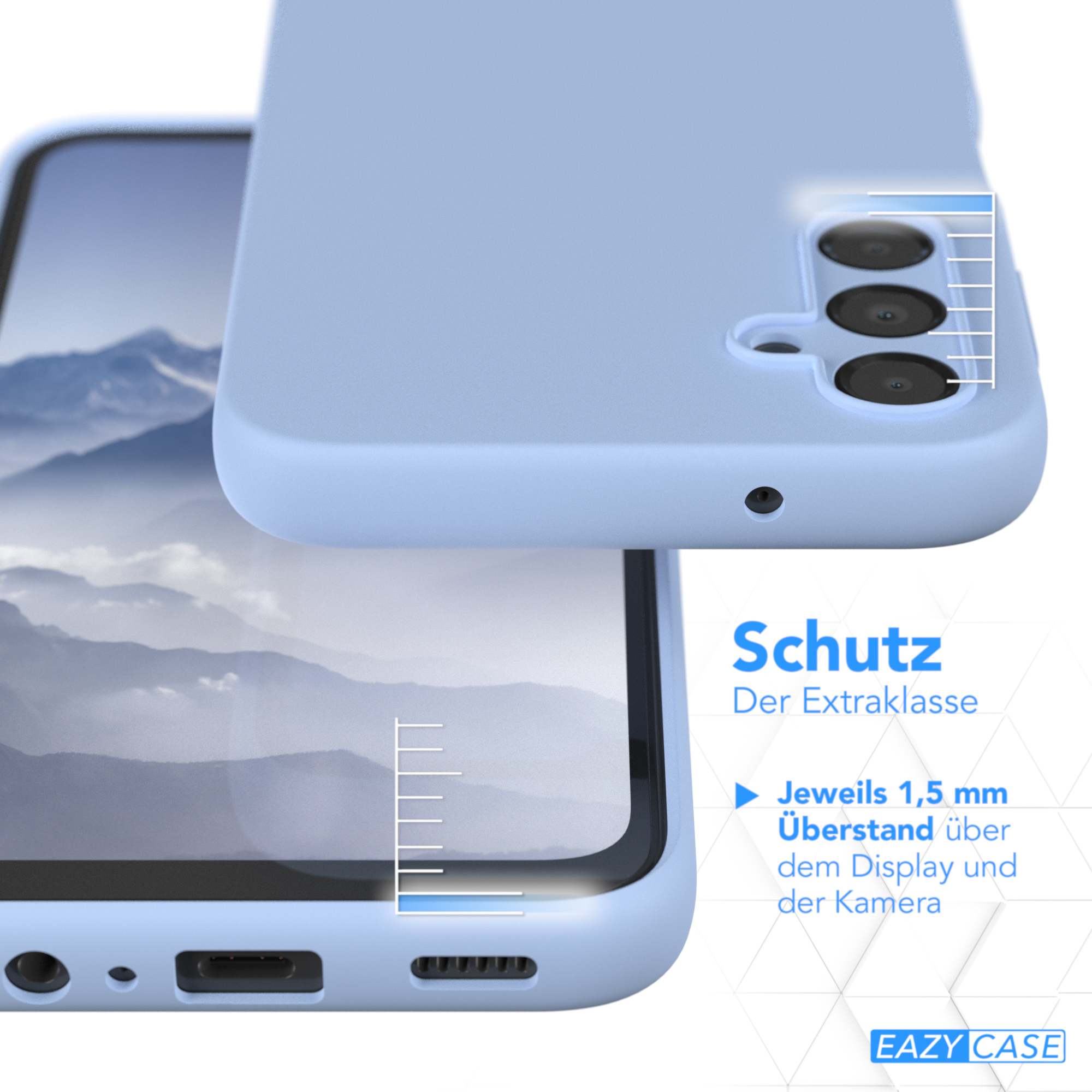 Hellblaue Handyhülle neben einem Telefon. Hülle schützt Kamera und Display.