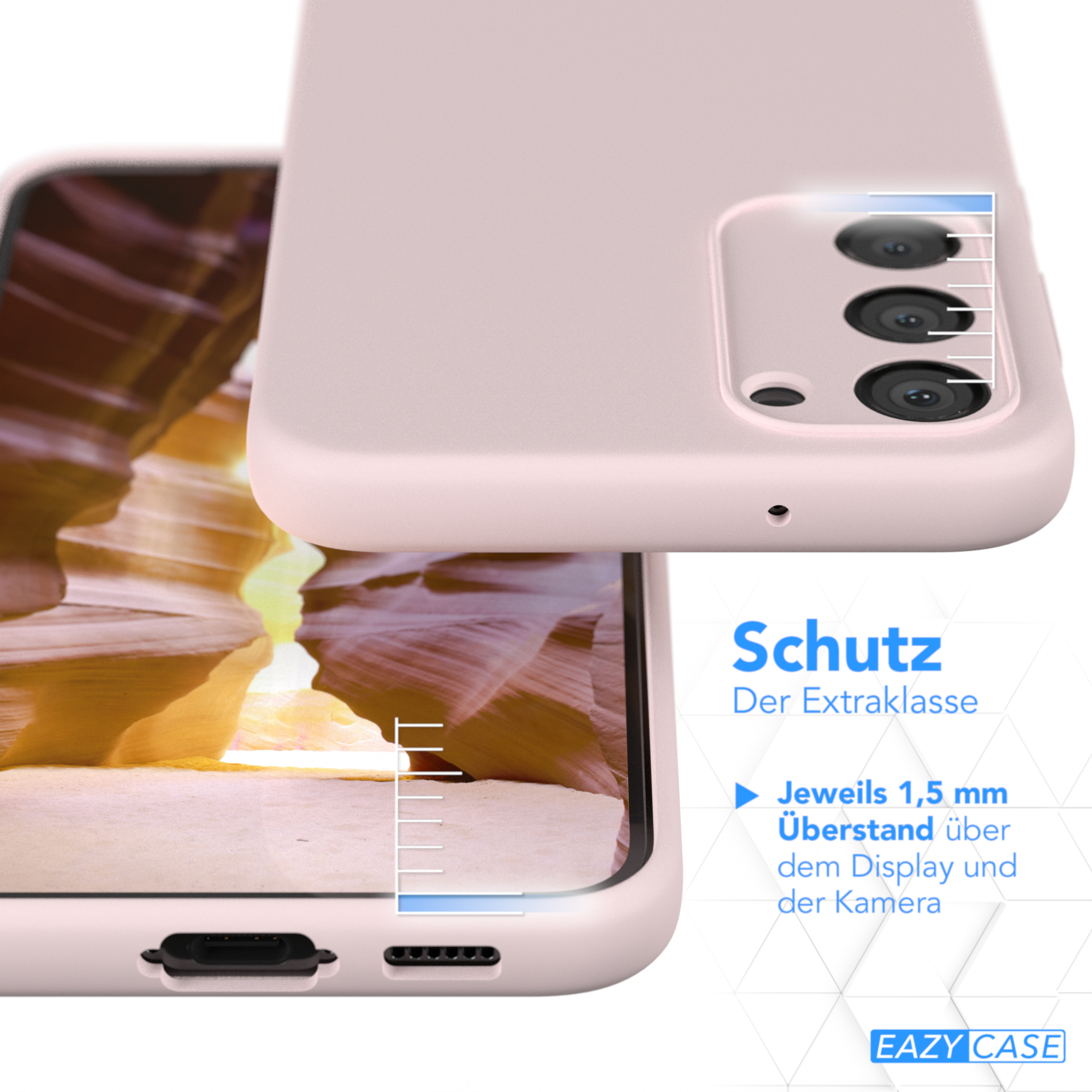 Eine rosa Handyhülle auf einem Telefon. Text: Schutz, mit Diagramm zum Schutz.