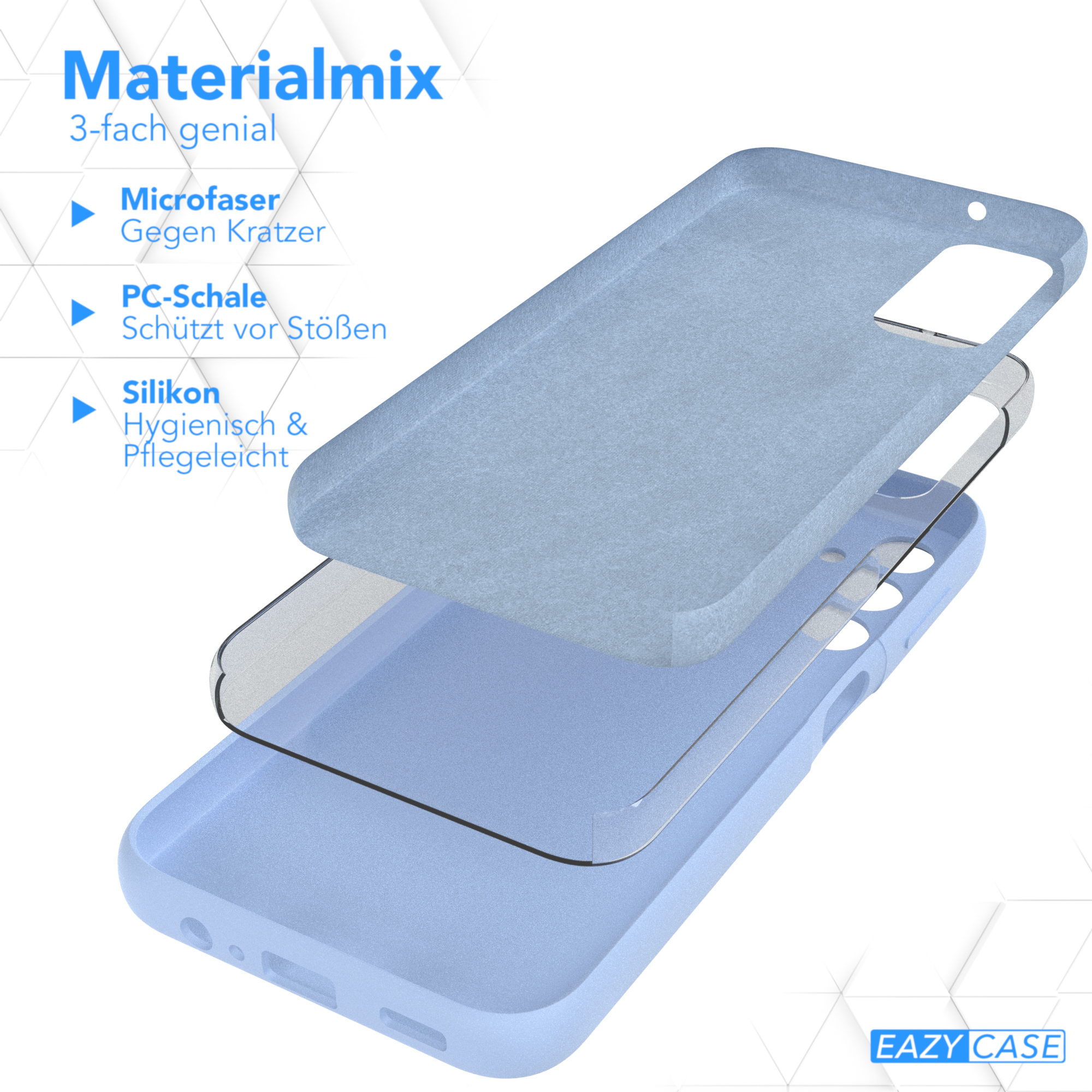 Blaue Handyhülle mit Schichten, mit Mikrofaser, PC-Schale und Silikon beschriftet.