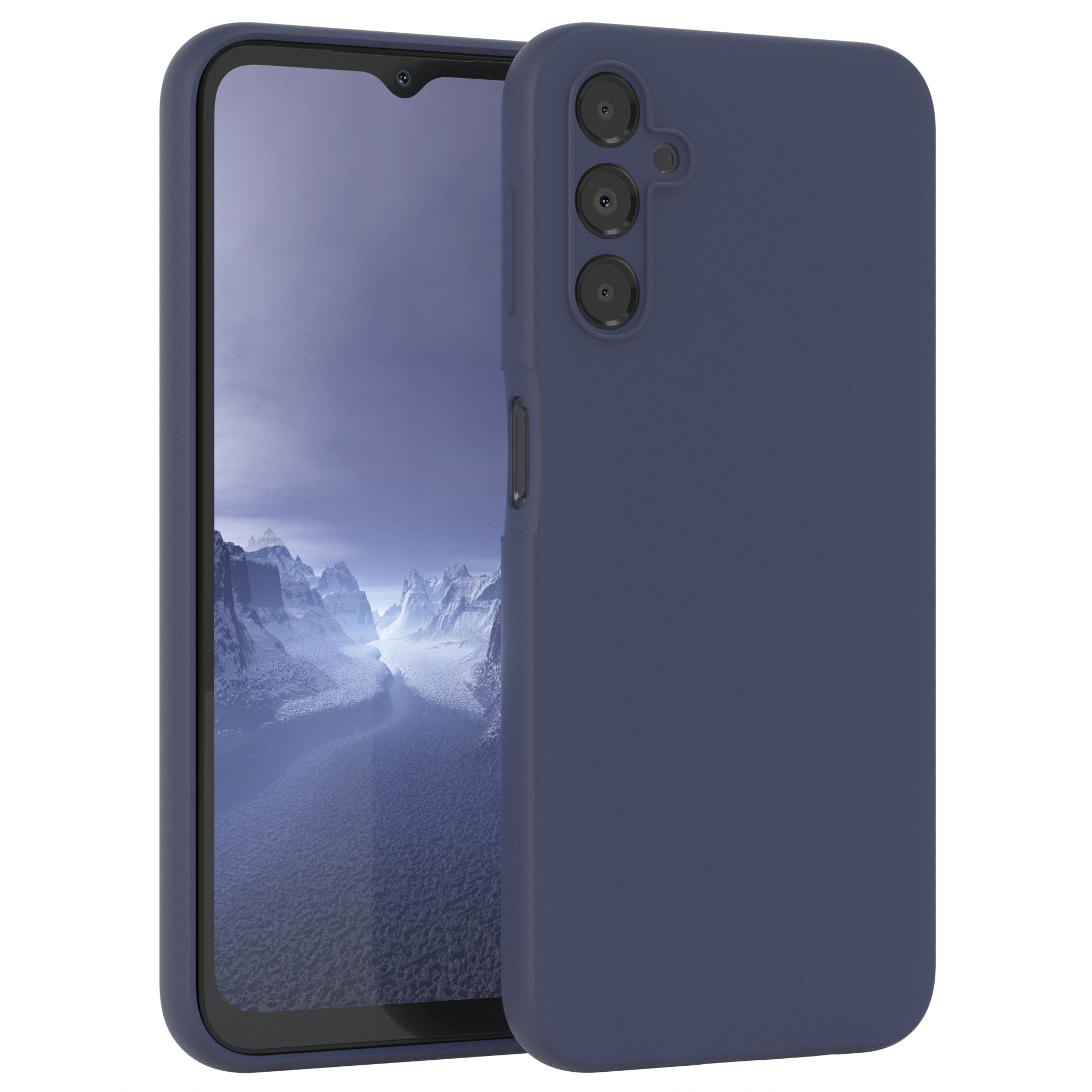 Dunkelblaue Handyhülle. Das Telefon zeigt eine Strandszene mit Muscheln.