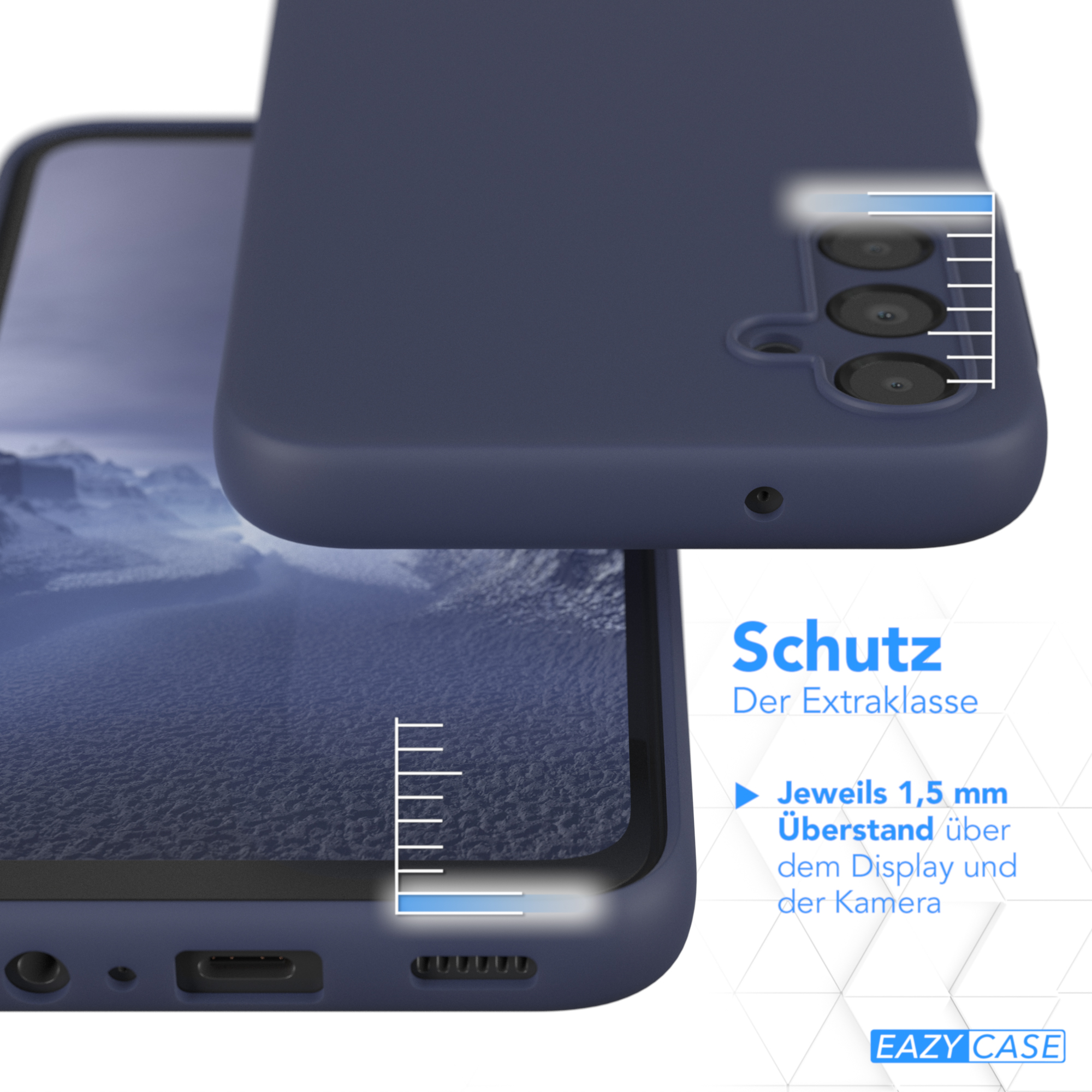Dunkelblaue Handyhülle mit Kamera- und Displayschutzfunktionen, mit Messanzeigen.