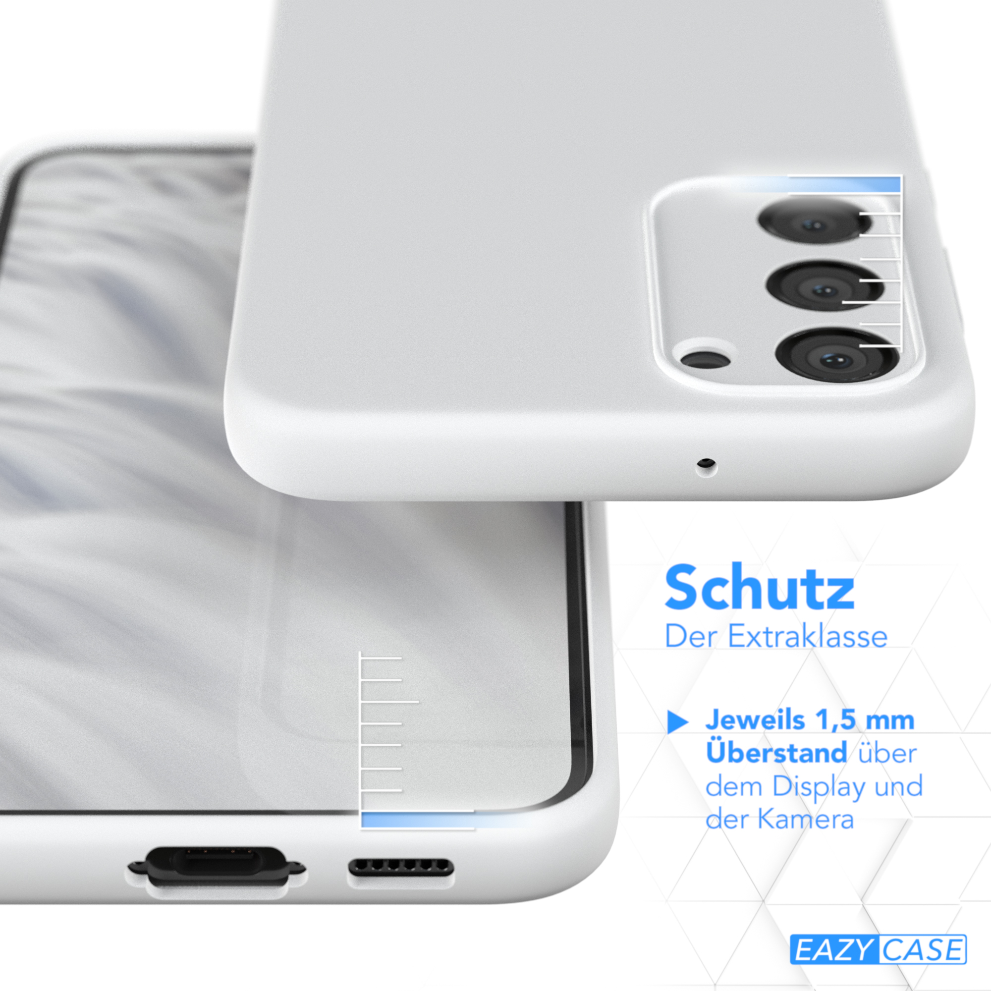 Weiße Handyhülle mit teilweise eingelegtem Telefon. Text weist auf zusätzlichen Schutz für Display und Kamera hin.