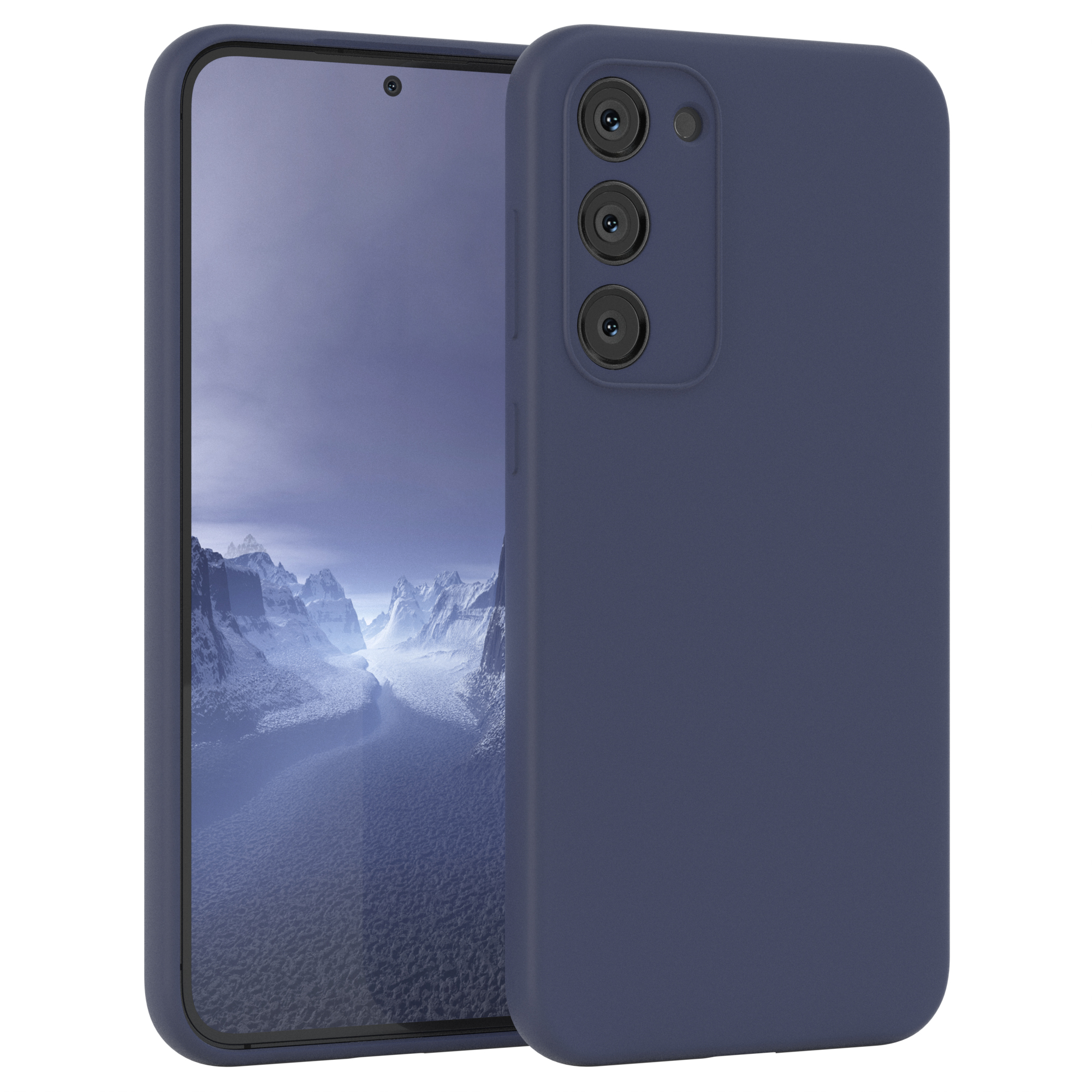 Blaue Handyhülle mit Telefon und Kameraausschnitten.