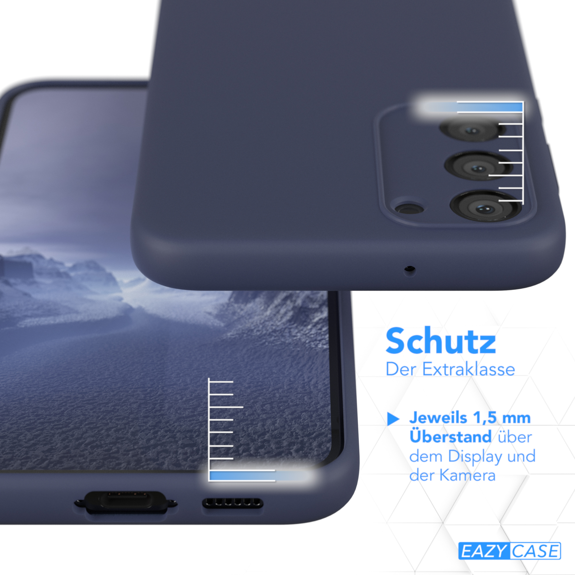 Nahaufnahme einer Handyhülle, die ein Telefon schützt. Text weist auf einen Schutz von 1,5 mm hin.