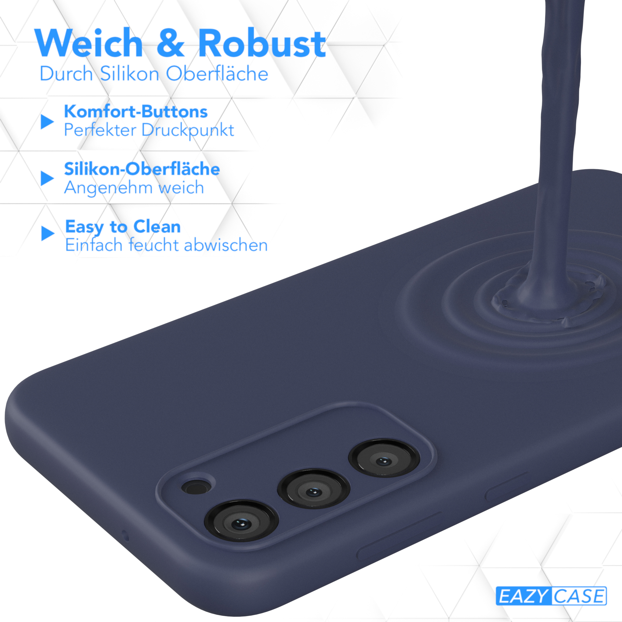 Marineblaue Handyhülle mit Silikonoberfläche. Produkt auf weißer Oberfläche.