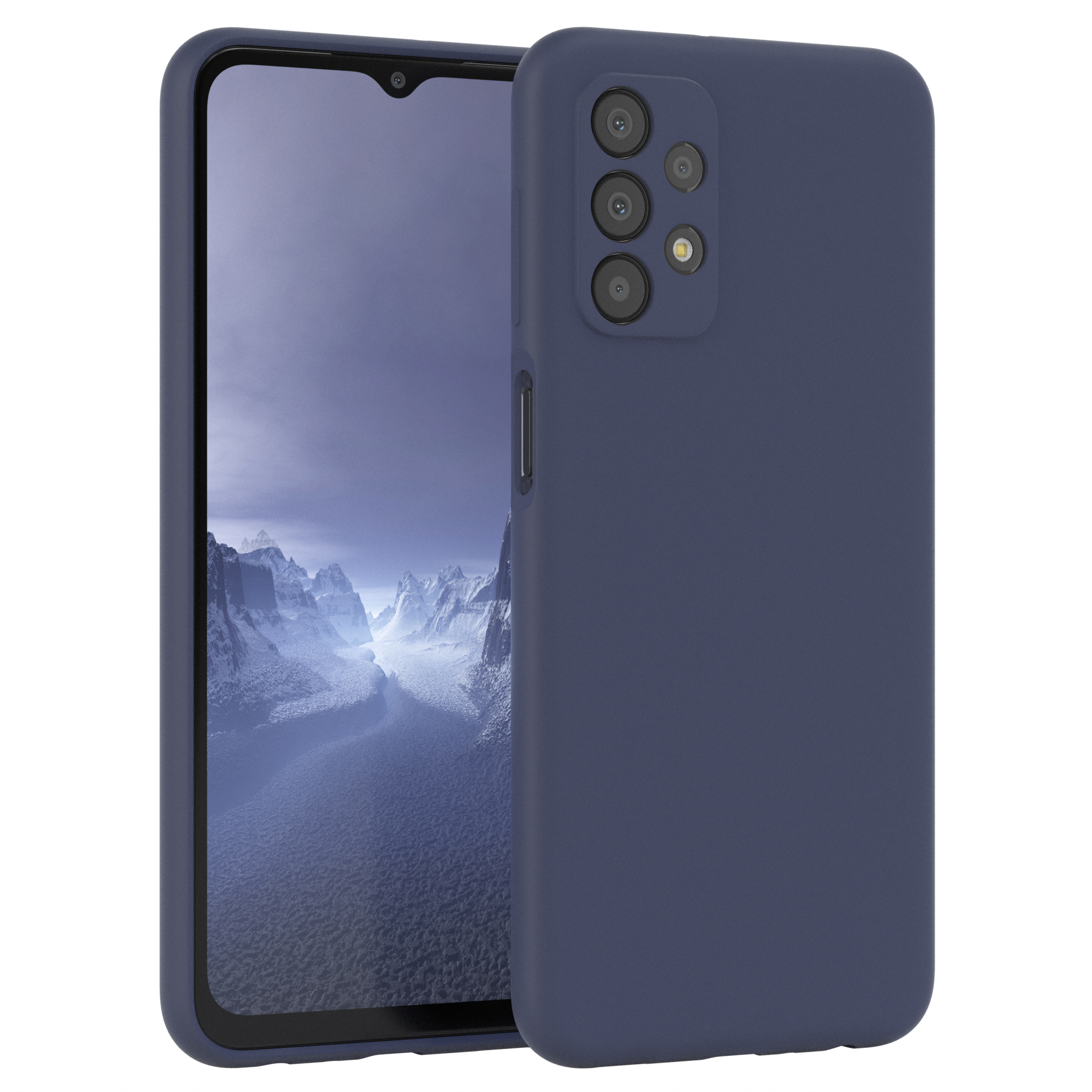 Dunkelblaue Handyhülle mit Telefon. Der Bildschirm ist sichtbar, das Telefon ist blau.