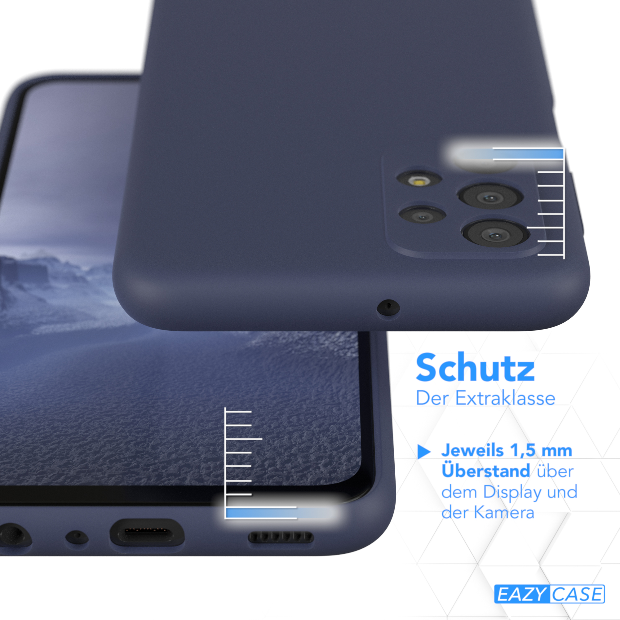 Marineblaue Handyhülle, die den Schutz des Gehäuses über Bildschirm und Kamera zeigt.