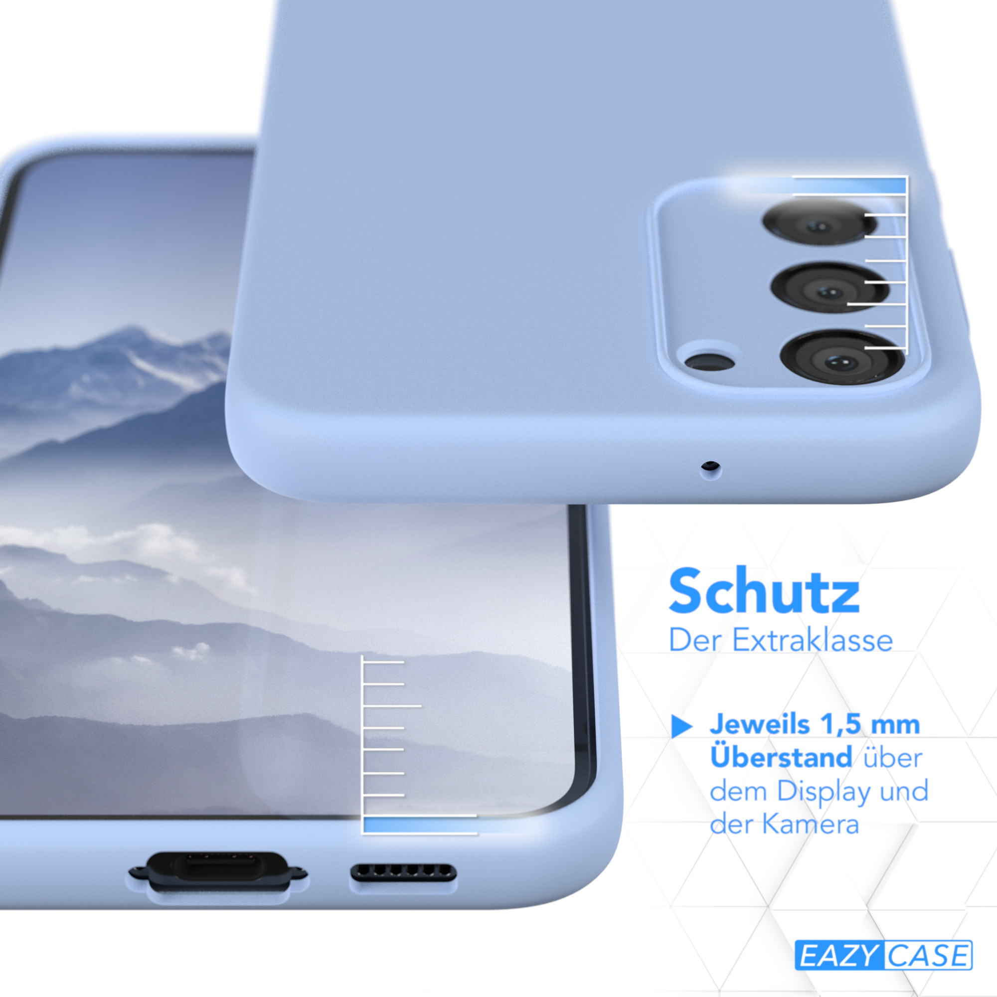Eine hellblaue Handyhülle mit einem Telefon und Text über Schutz.