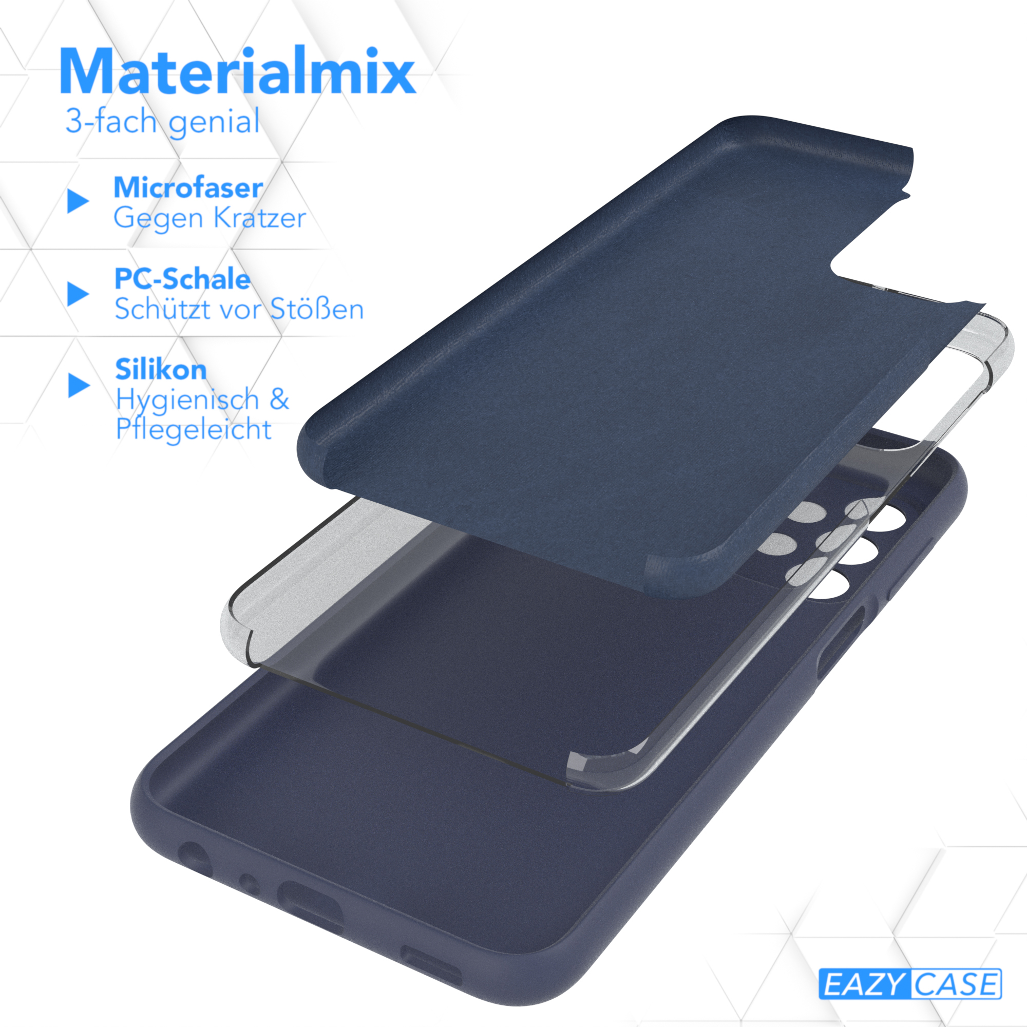 Mehrschichtige Handyhülle. Mikrofaser-Schicht, PC-Schale und Silikon-Schicht. Text: Materialmix, EAZY CASE.