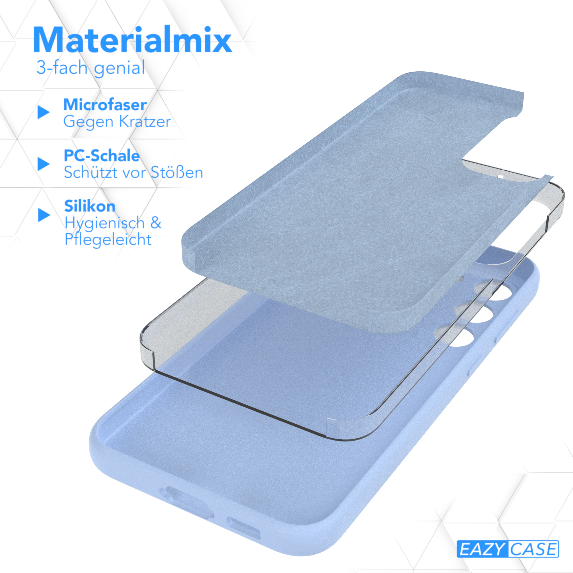 Blaue Handyhülle, geschichtet, verschiedene Schichten zeigend. Text: Materialmix, Microfaser.