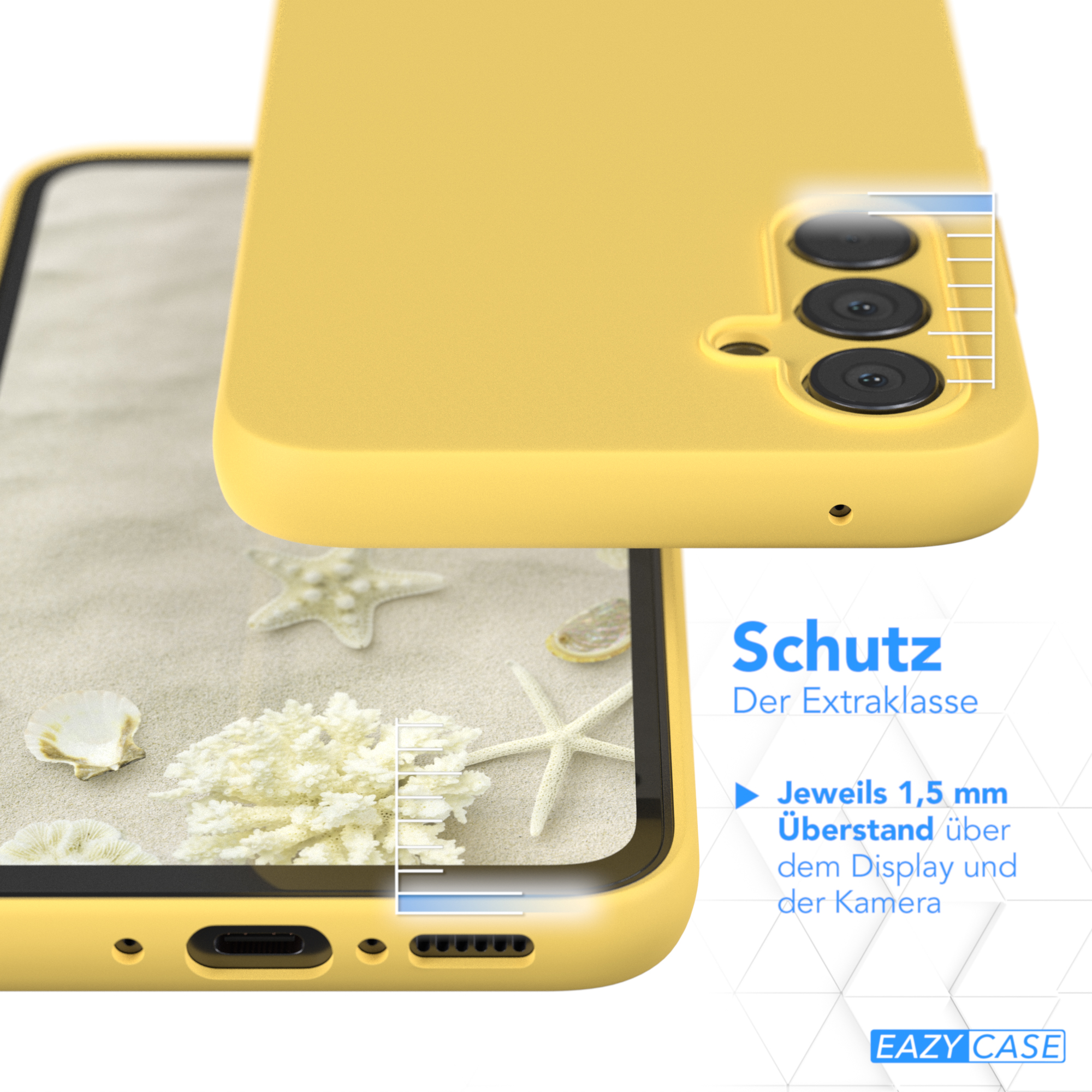 Gelbe Handyhülle mit Telefon darin. Text zeigt Funktionen und Vorteile.