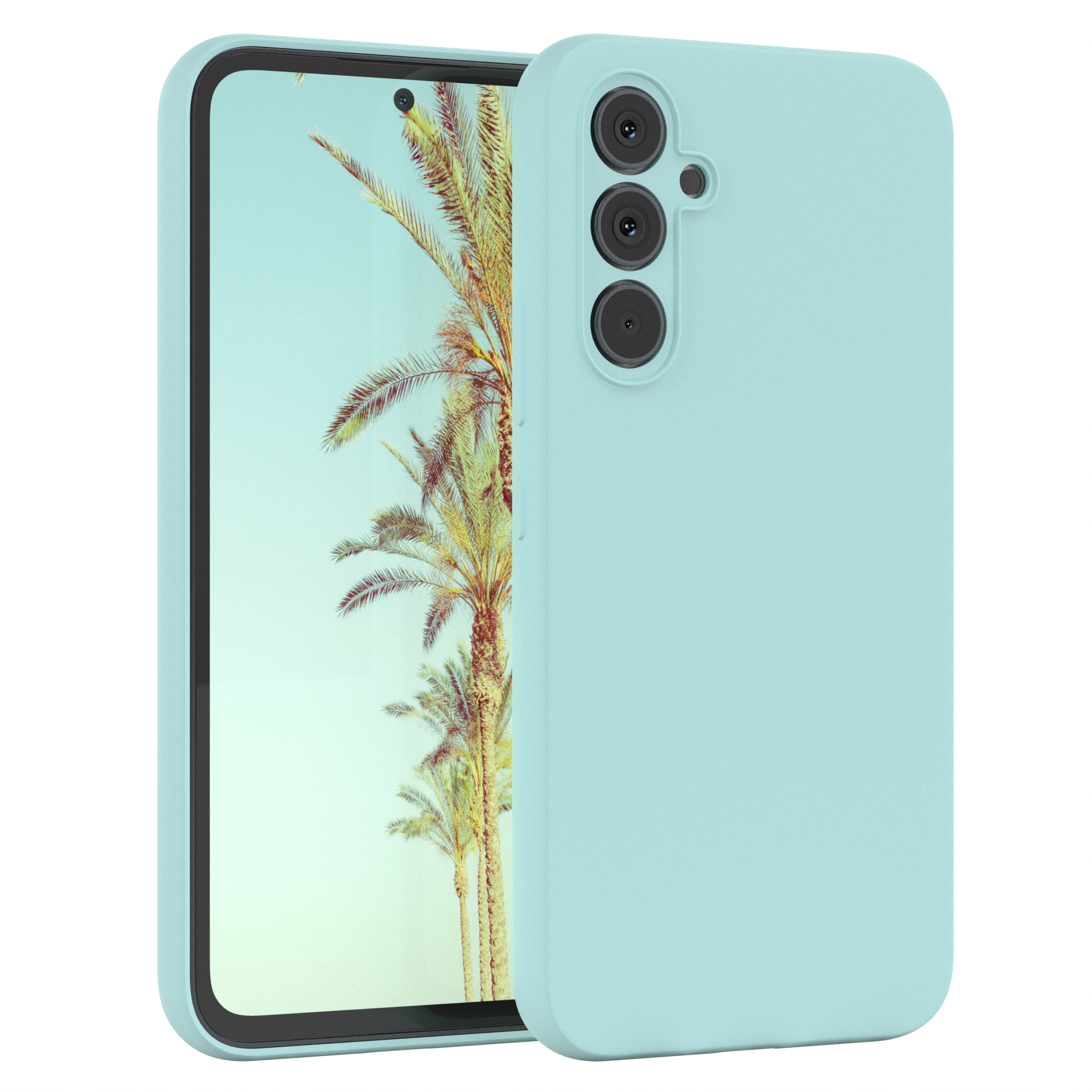 Ein Telefon mit blauem Gehäuse, drei Kameralinsen und einem Bildschirm mit Palmen.