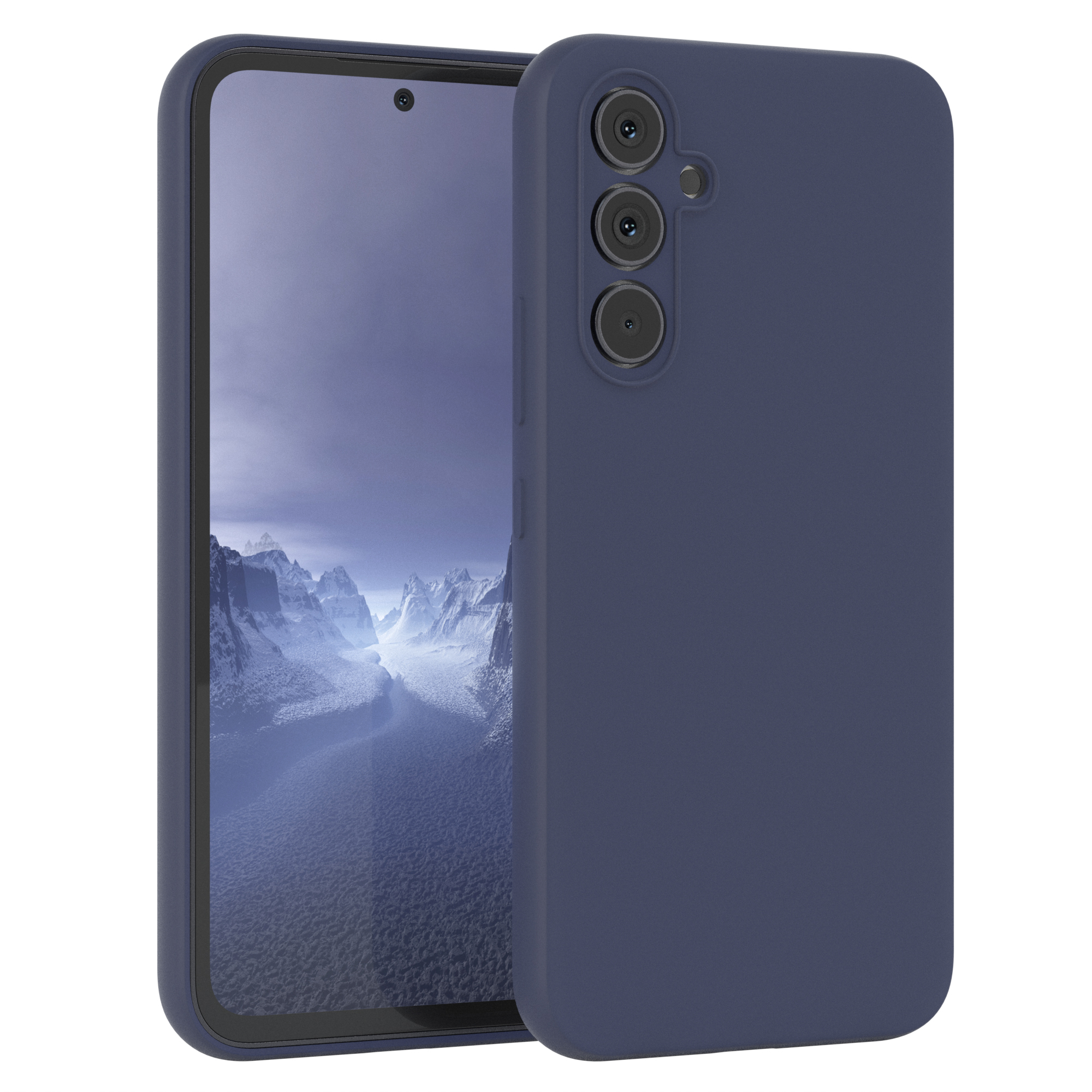 Blaue Handyhülle mit Telefon. Das Telefon befindet sich in der Hülle. Es hat Kameras.