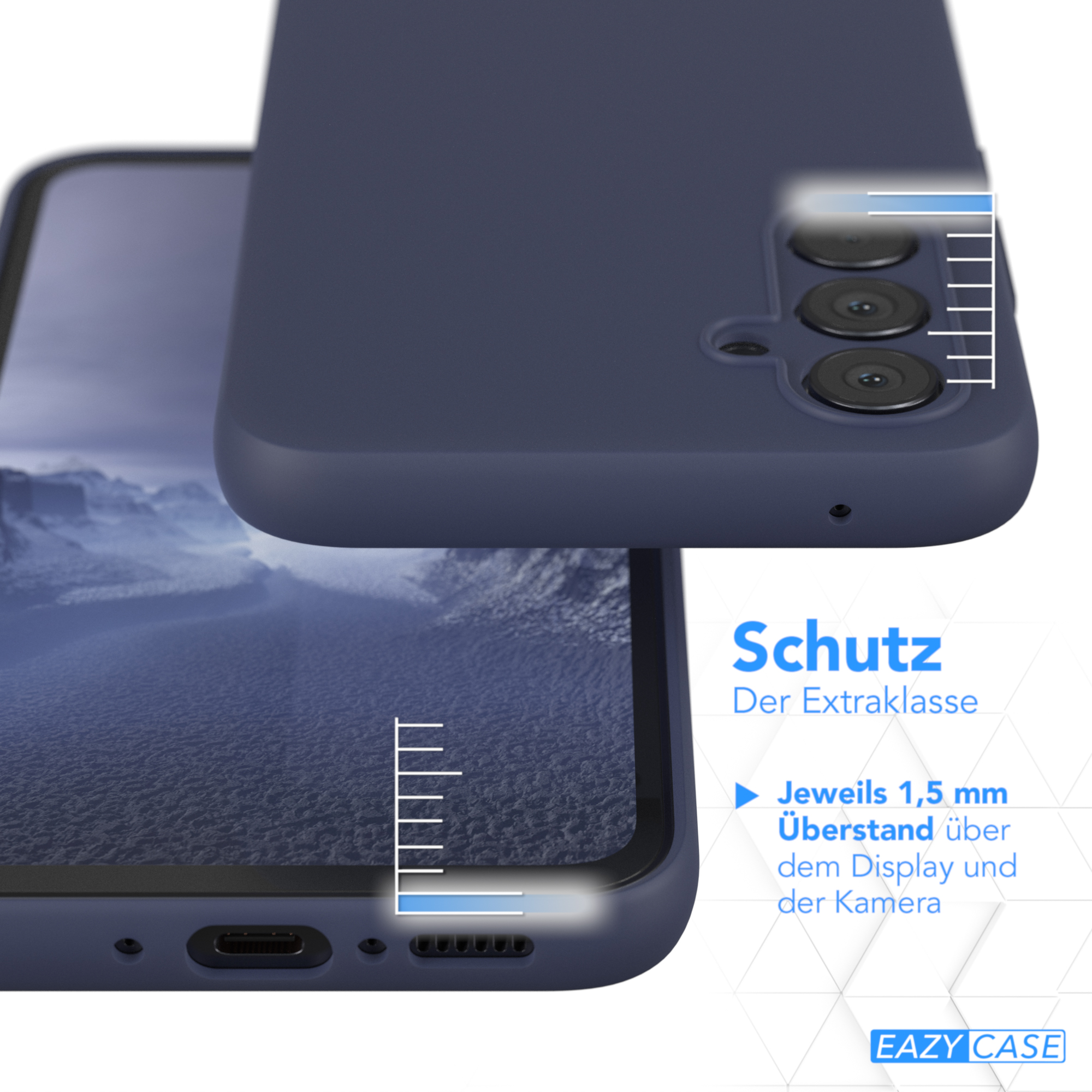 Dunkelblaue Handyhülle auf einem Handy. Text: Schutz der Extraklasse. Die Hülle ist marineblau.