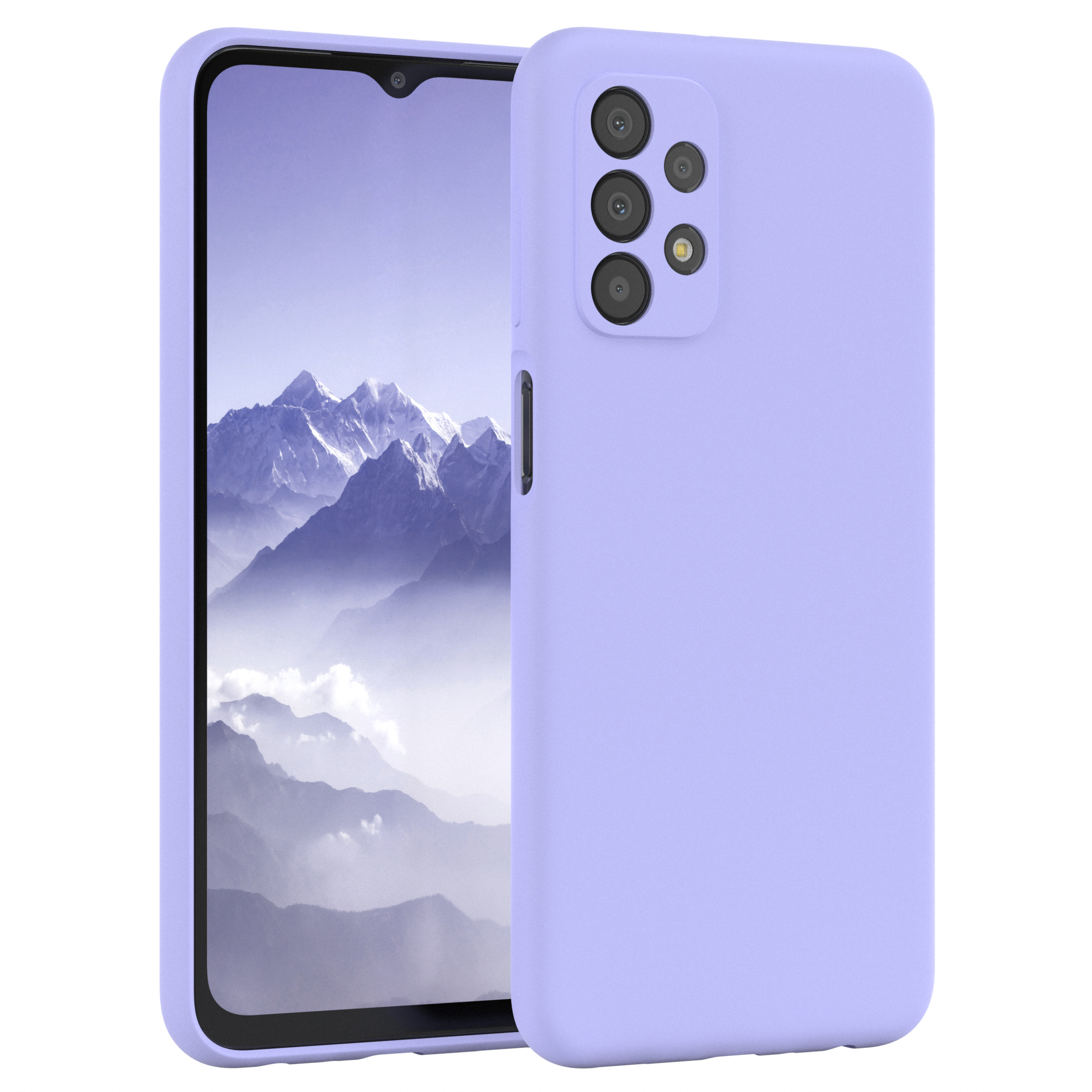 Lila Smartphone mit Hülle, zeigt Bildschirm und Kamera.