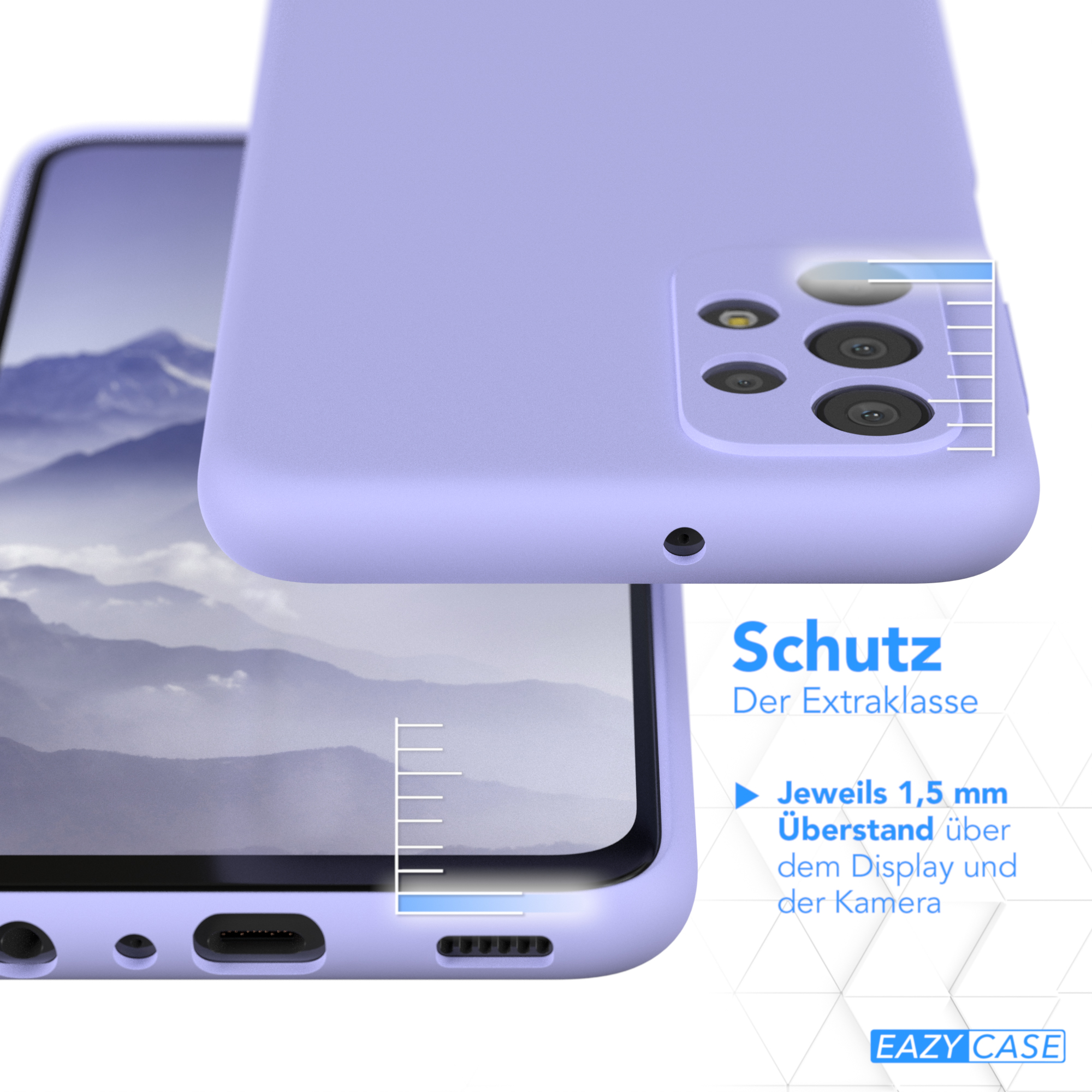 Eine lavendelfarbene Handyhülle mit dem Telefon darin. Text: Schutz der Extraklasse, 1,5 mm über Display und Kamera.
