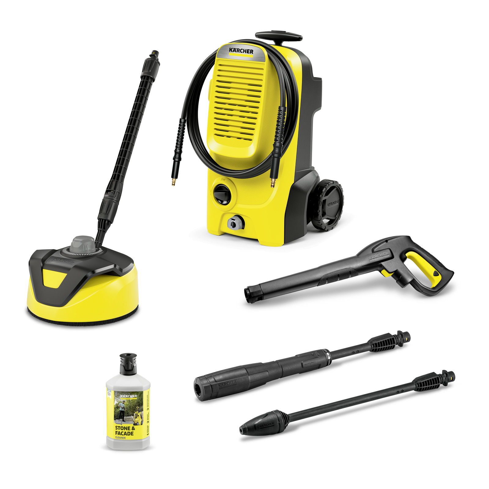 Idropulitrice Karcher gialla con accessori. Include ugello, spazzola e detergente.