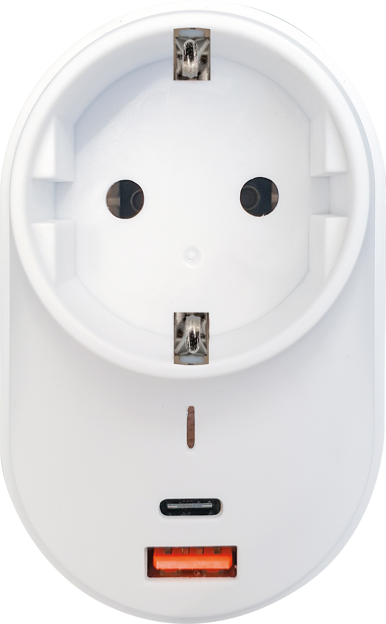 Nahaufnahme einer weißen Steckdose mit USB-C-Anschluss und orangefarbenem USB-Anschluss.