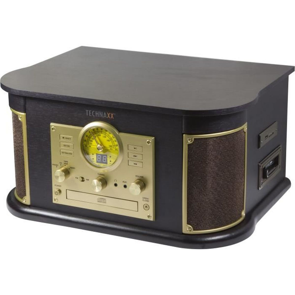 Impianto stereo in stile vintage. La parte anteriore presenta un quadrante radio, un lettore CD e il controllo del volume.