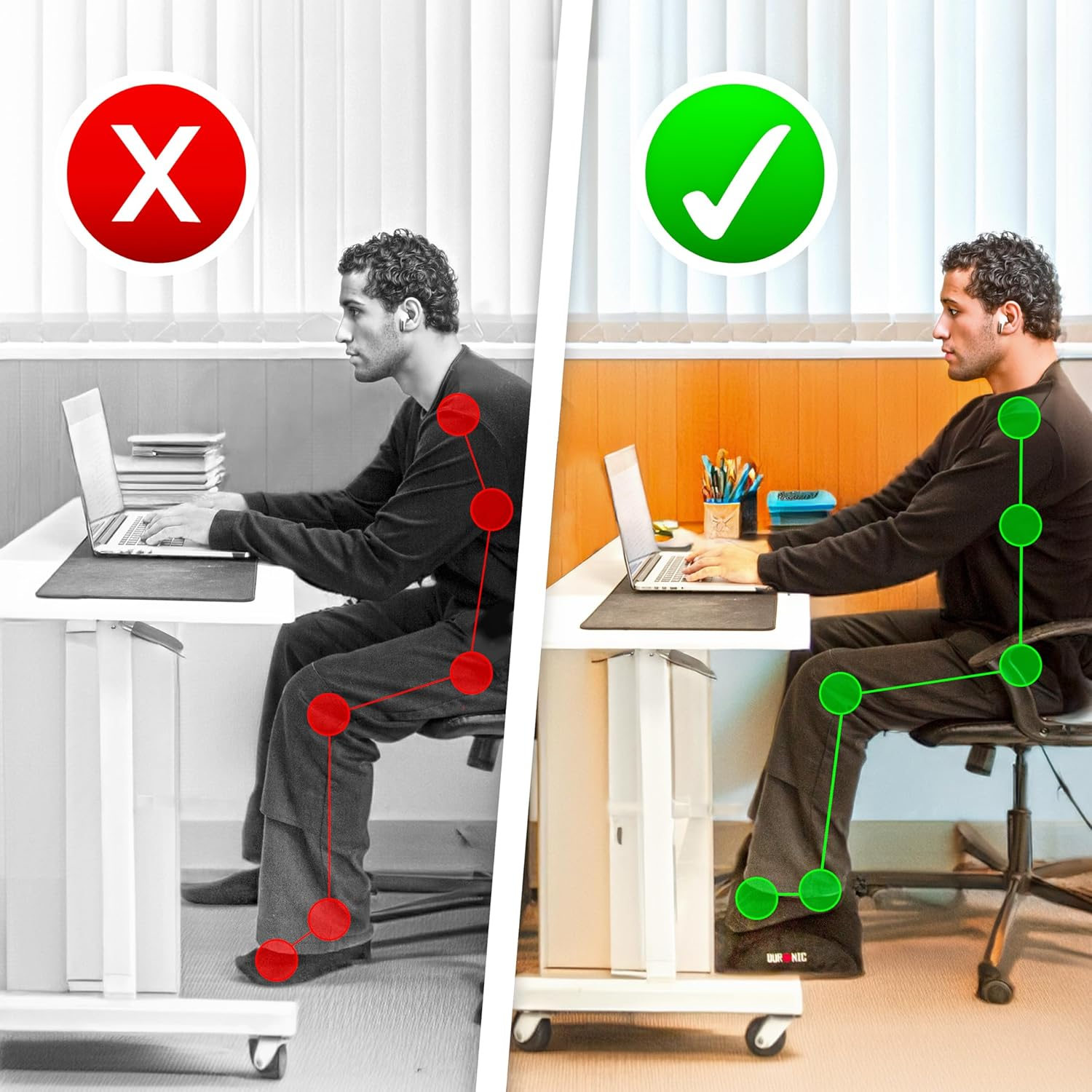 Eine Person mit guter vs. schlechter Körperhaltung bei der Arbeit am Laptop.