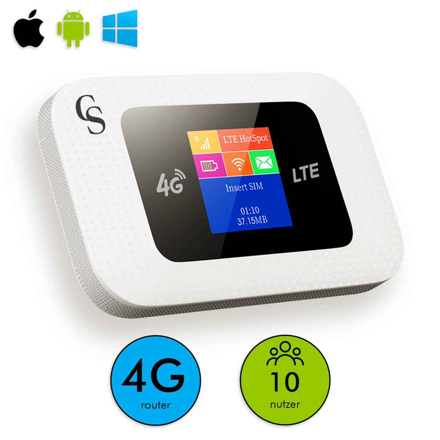 Weißer 4G LTE Hotspot Router. Zeigt Bildschirm und Symbole. Produkt auf weißem Hintergrund.