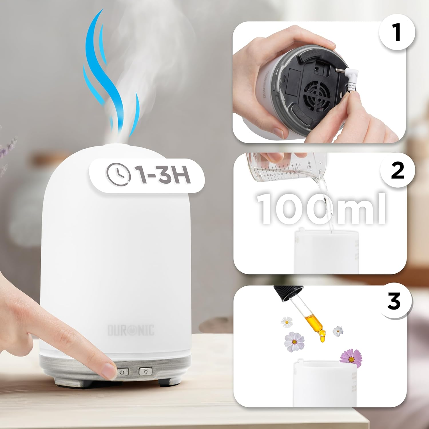 Weißer Diffusor mit Schritten, die das Befüllen mit Wasser und ätherischem Öl zeigen.