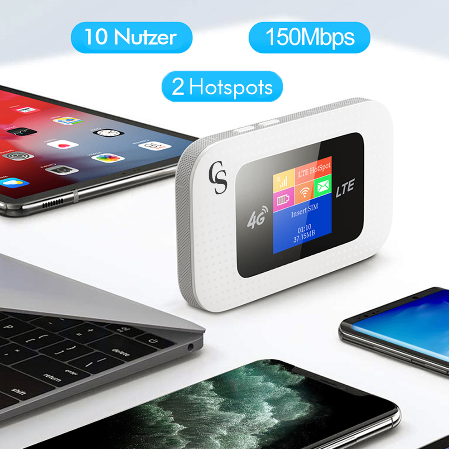 Weißes mobiles Hotspot-Gerät mit Bildschirm, umgeben von Telefonen und Laptop.