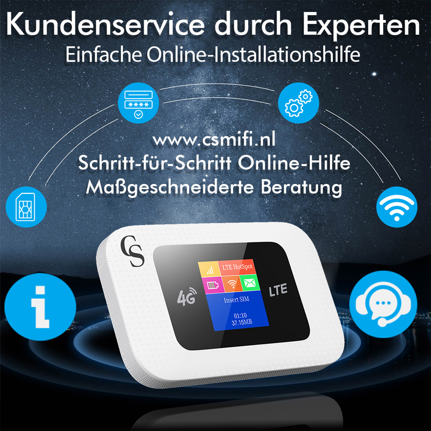 Weißer WLAN-Router mit Display, umgeben von Symbolen und Text.