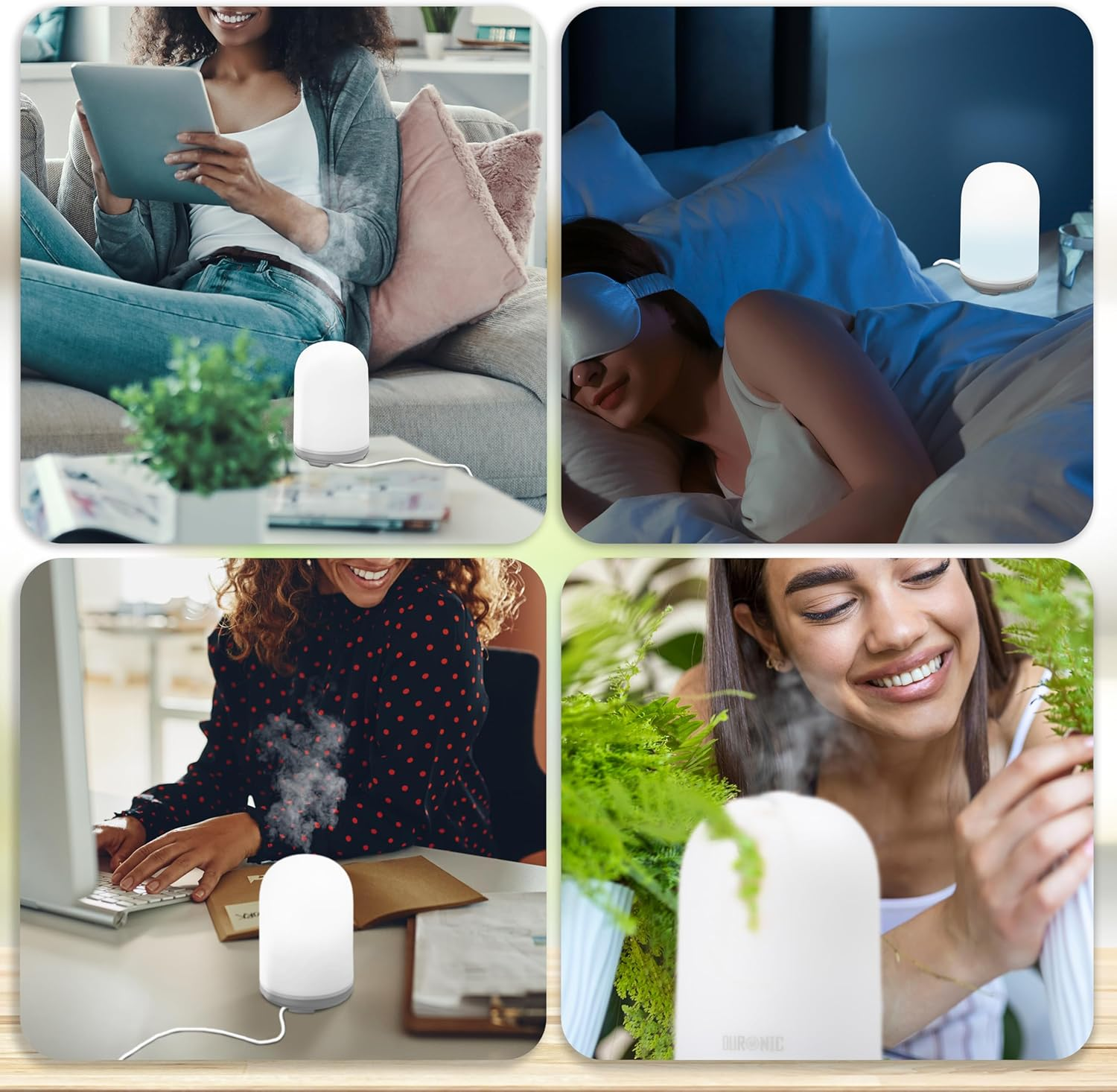 Vier Bilder, die zeigen, wie ein Diffusor in verschiedenen Szenarien verwendet wird, drinnen und draußen.