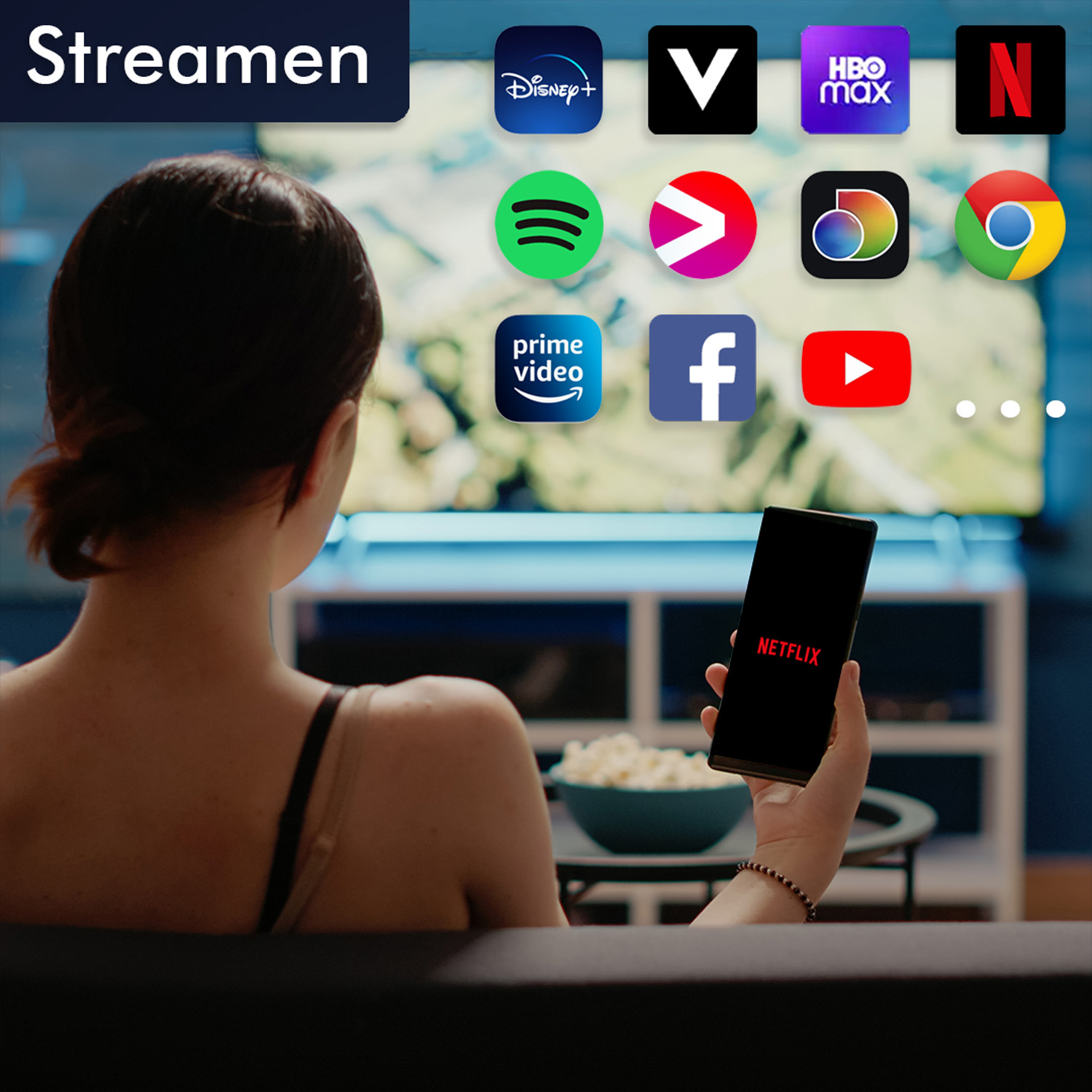 Frau schaut fern, mit Streaming-App-Symbolen auf dem Bildschirm: Disney+, V, HBO Max, Netflix usw.