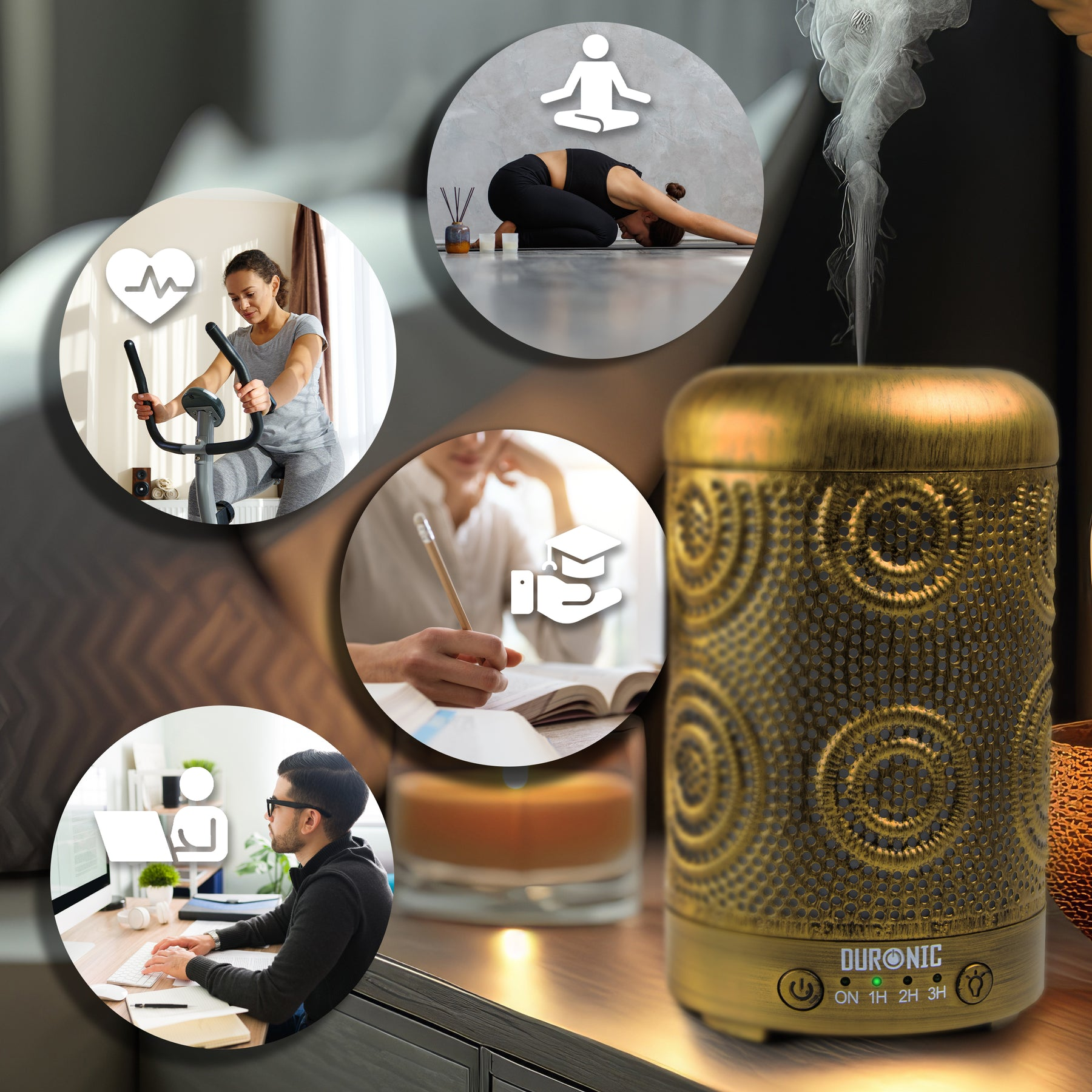 Ein goldfarbener Diffusor mit dekorativem Design. Er hat verschiedene Symbole und einen weißen Hintergrund.